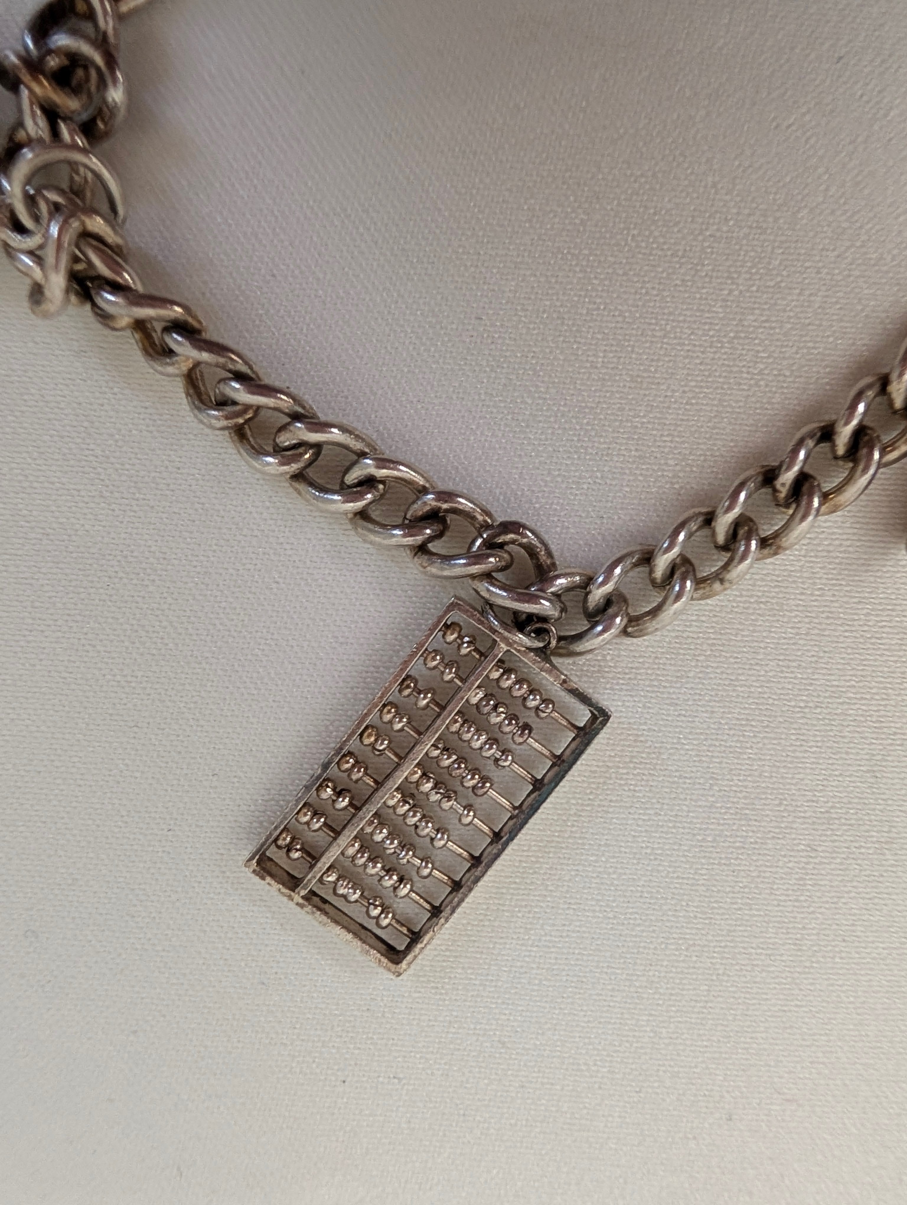 Vintage Sterling Silver Charm Bracelet Heart Padlock Clasp, 5 Silver Charms Elephant Rocking Chair Abacus Spinning Wheel Clogs, 925 Curb Link