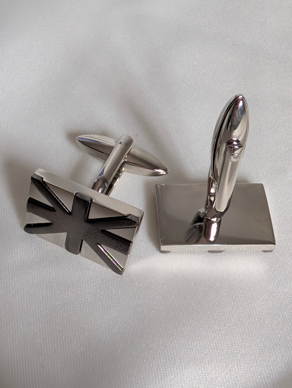 Silver Union Jack Cufflinks, British Flag Gunmetal Cuff Links, Modern Mens Formal Suit Accessories