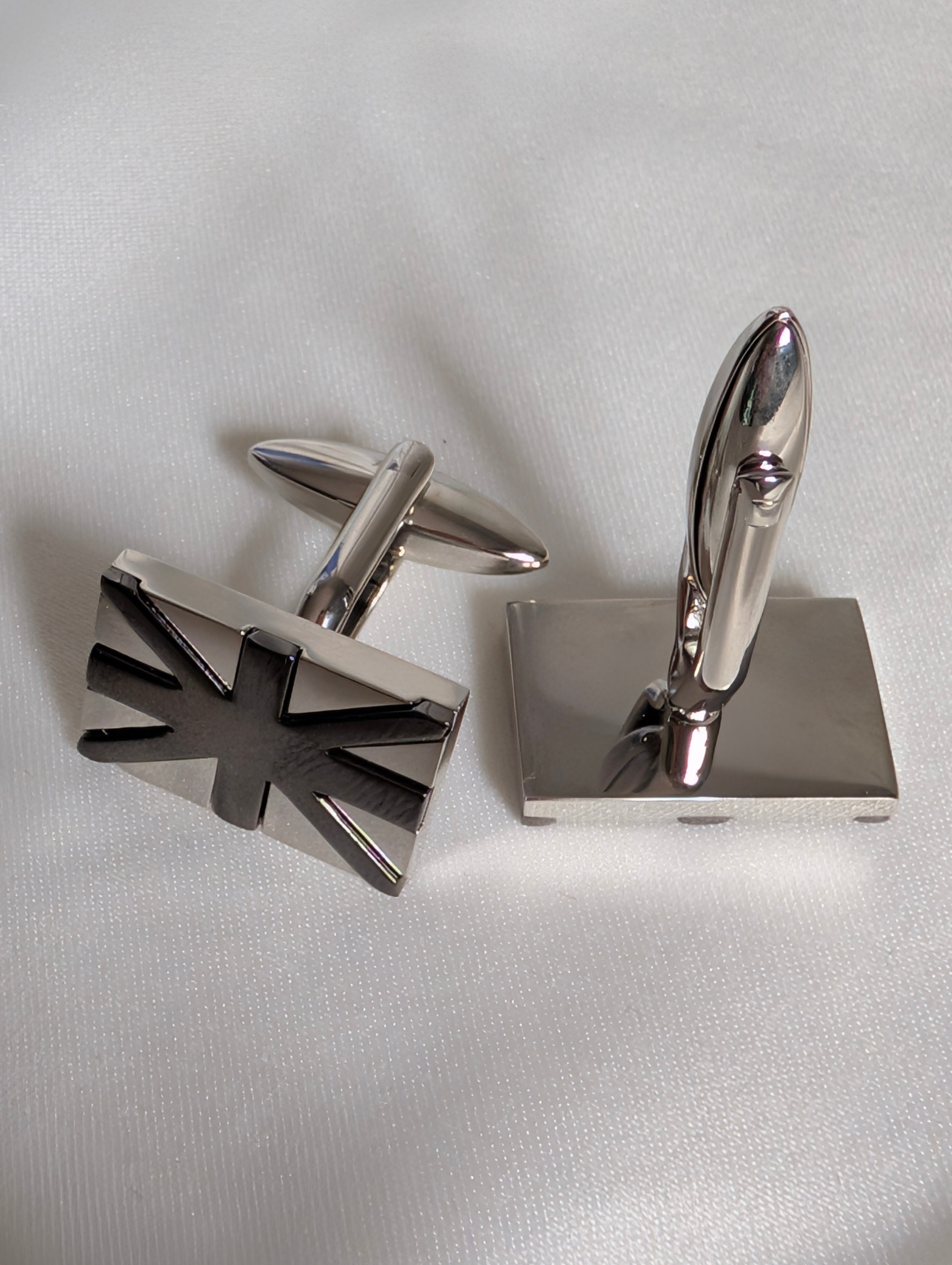 Silver Union Jack Cufflinks, British Flag Gunmetal Cuff Links, Modern Mens Formal Suit Accessories