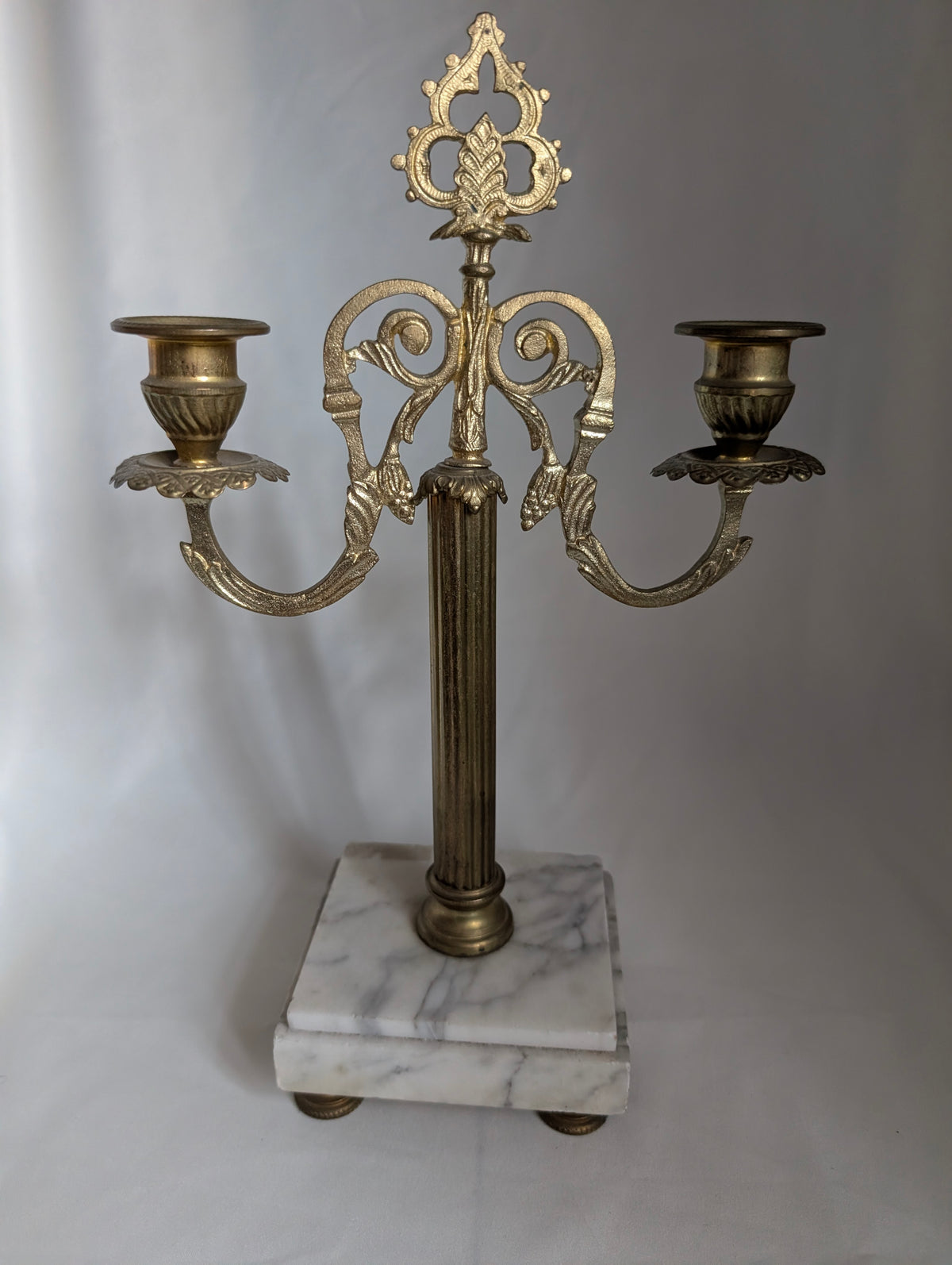 Vintage Brass Candelabra White Marble Base 2 Arm Candle Holder, French Neoclassical Ormolu Style Baroque Decor, Ornate Hollywood Regency Table Centerpiece