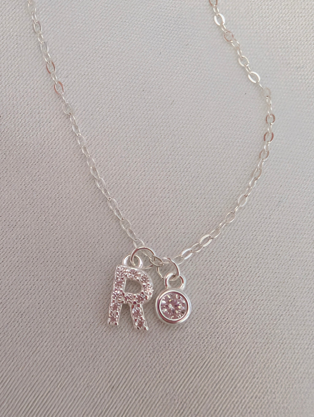 Sterling Silver 925 Initial 'R' & Solitaire Crystal Charm Necklace – Dainty Pavé Letter Pendant with Adjustable Extender