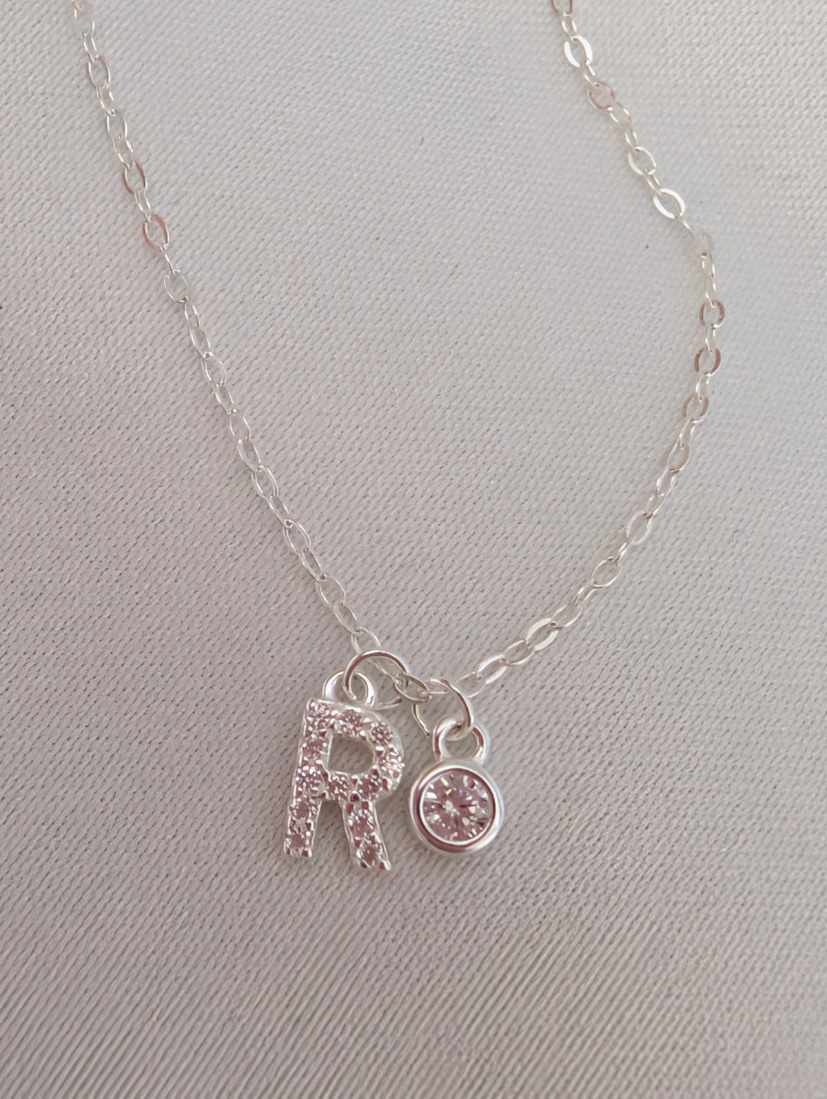 Sterling Silver 925 Initial 'R' & Solitaire Crystal Charm Necklace – Dainty Pavé Letter Pendant with Adjustable Extender