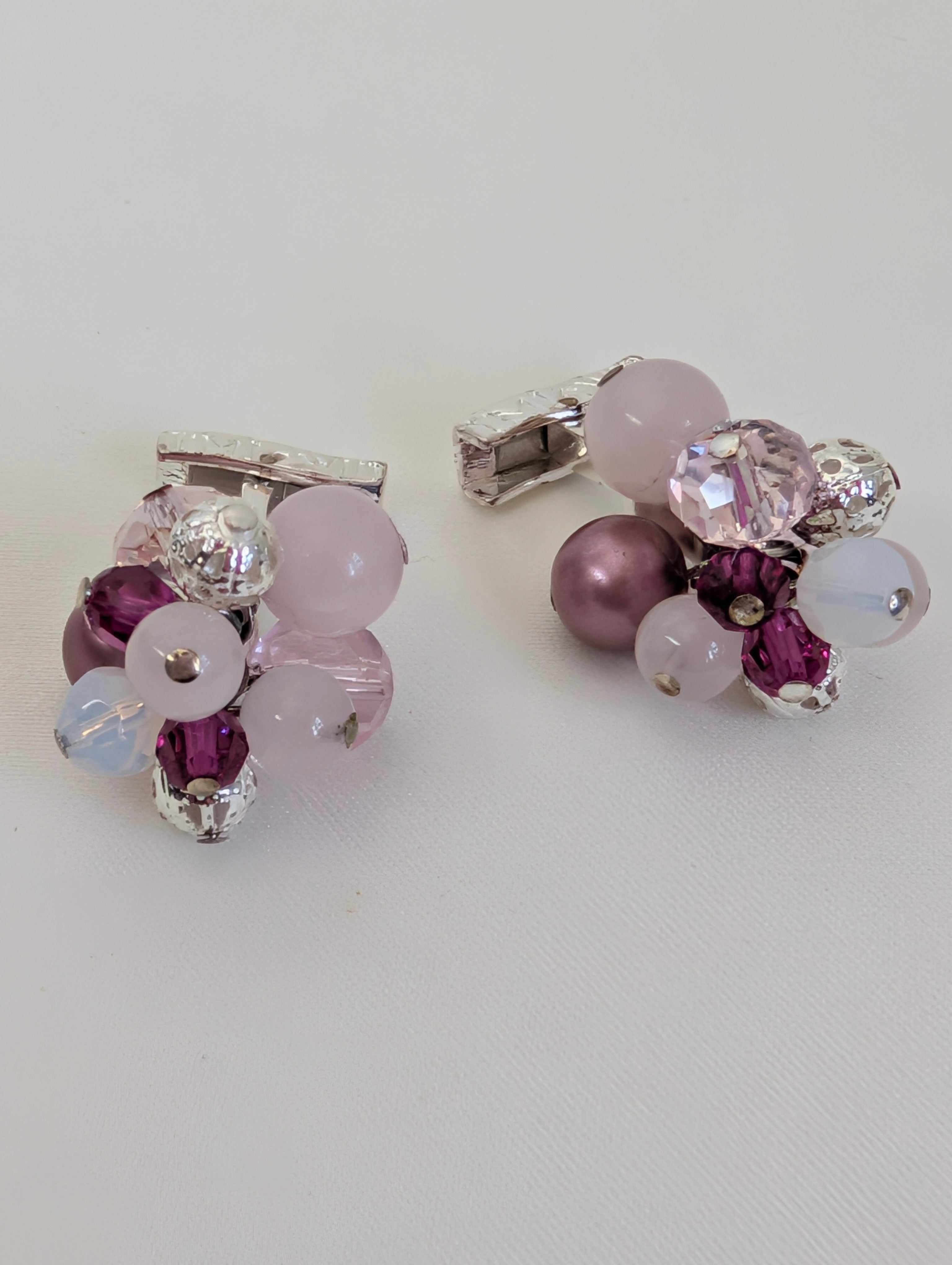 Vintage TM Lewin Beaded Cluster Cufflinks, Pink & Purple Crystal Glass Pearl Cuff Links, Elegant Formal Evening Wedding Groom Cufflinks