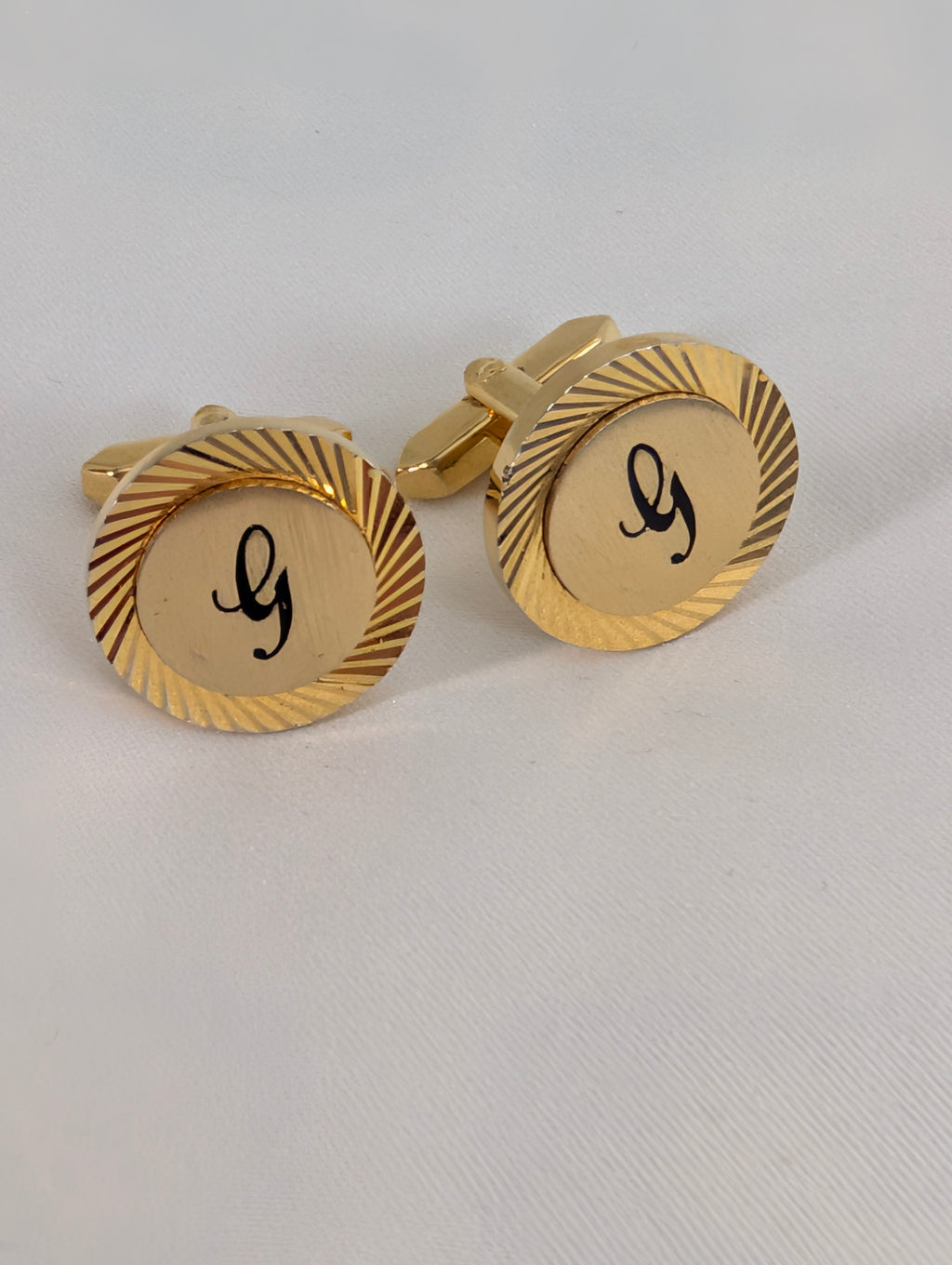Vintage Gold Tone Initial G Cufflinks, Sunburst Etched Round Monogram Cuff Links, Mid Century Groom Wedding Gift