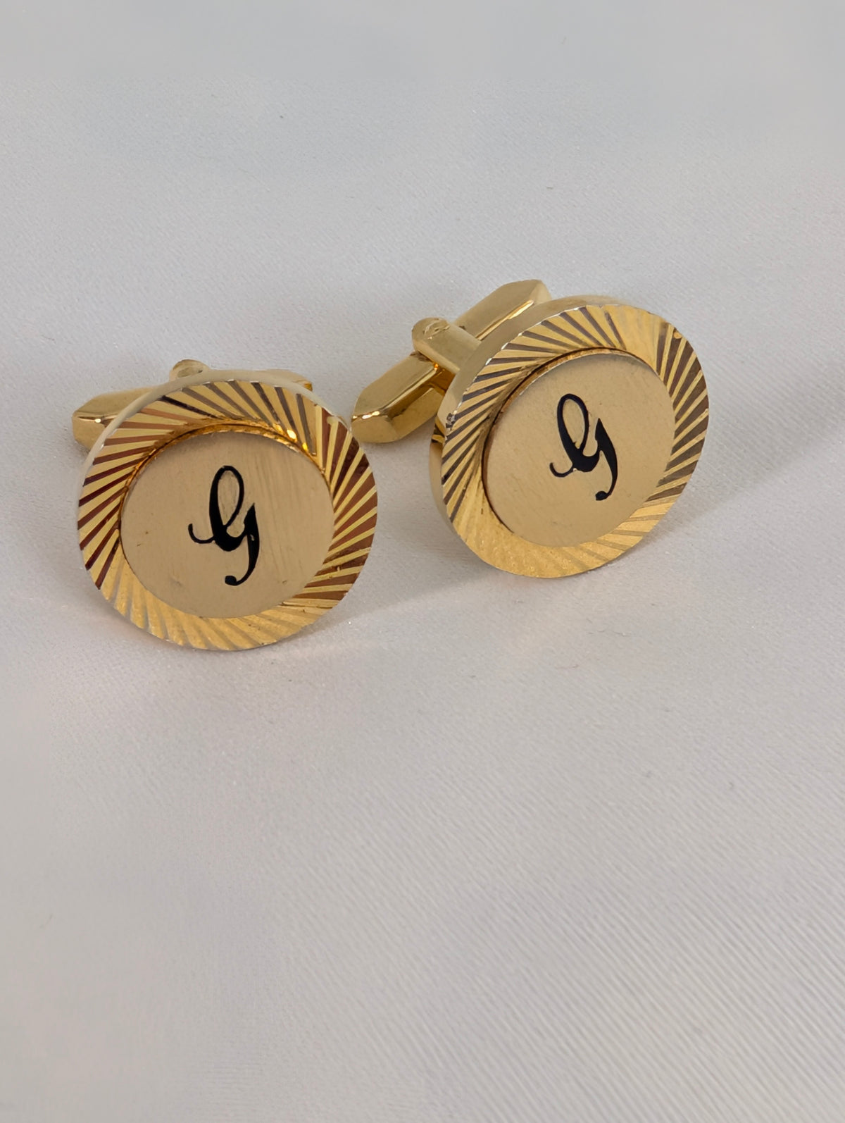 Vintage Gold Tone Initial G Cufflinks, Sunburst Etched Round Monogram Cuff Links, Mid Century Groom Wedding Gift
