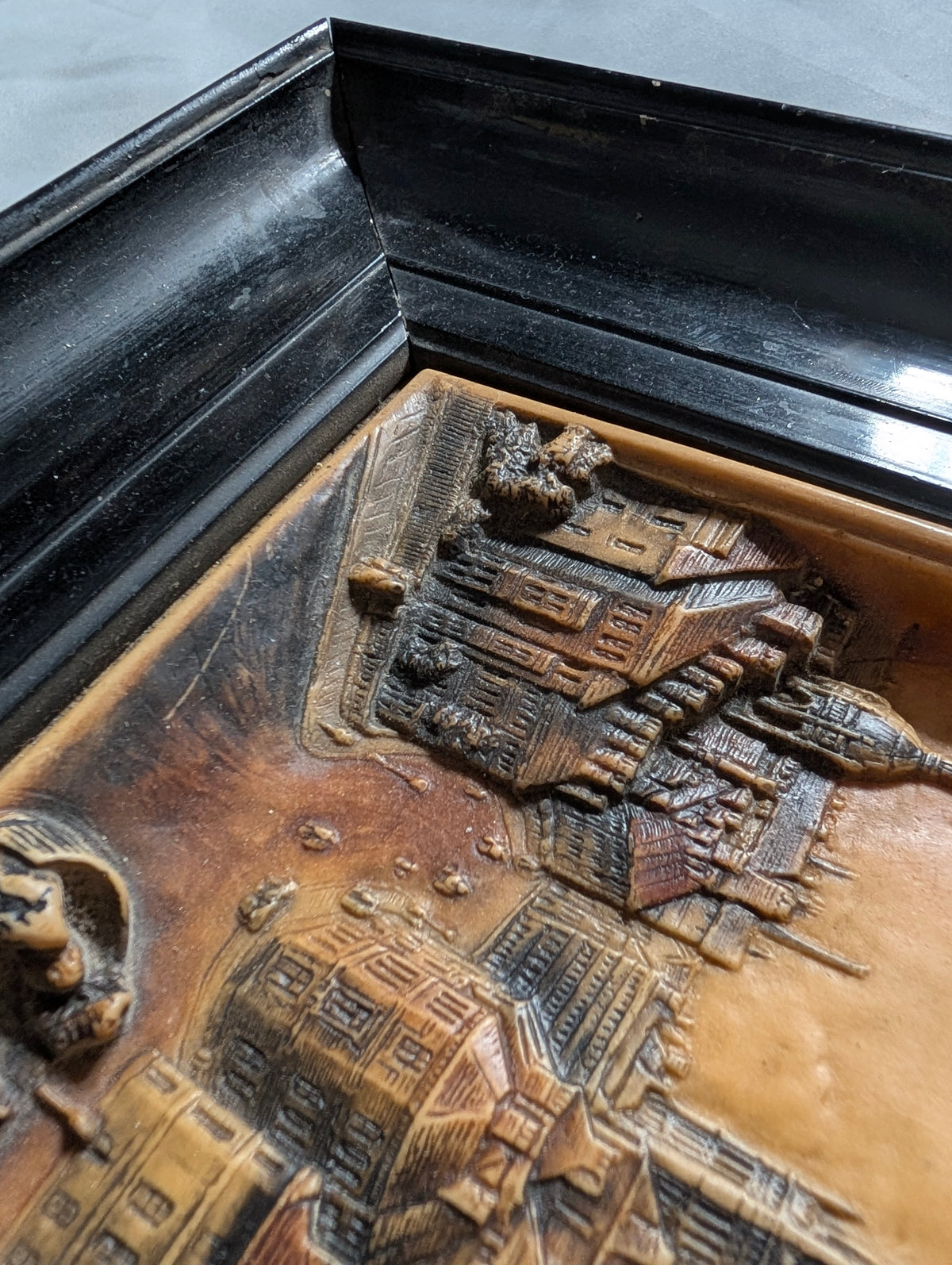 Vintage 3D Relief Plaque 'Coventry: The City of the Three Spires' – Detailed High-Relief Architectural Townscape in Ebonised Black Frame