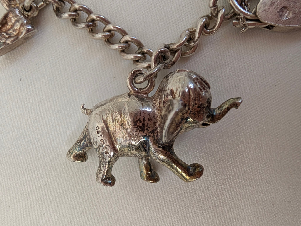Vintage Sterling Silver Charm Bracelet Heart Padlock Clasp, 5 Silver Charms Elephant Rocking Chair Abacus Spinning Wheel Clogs, 925 Curb Link