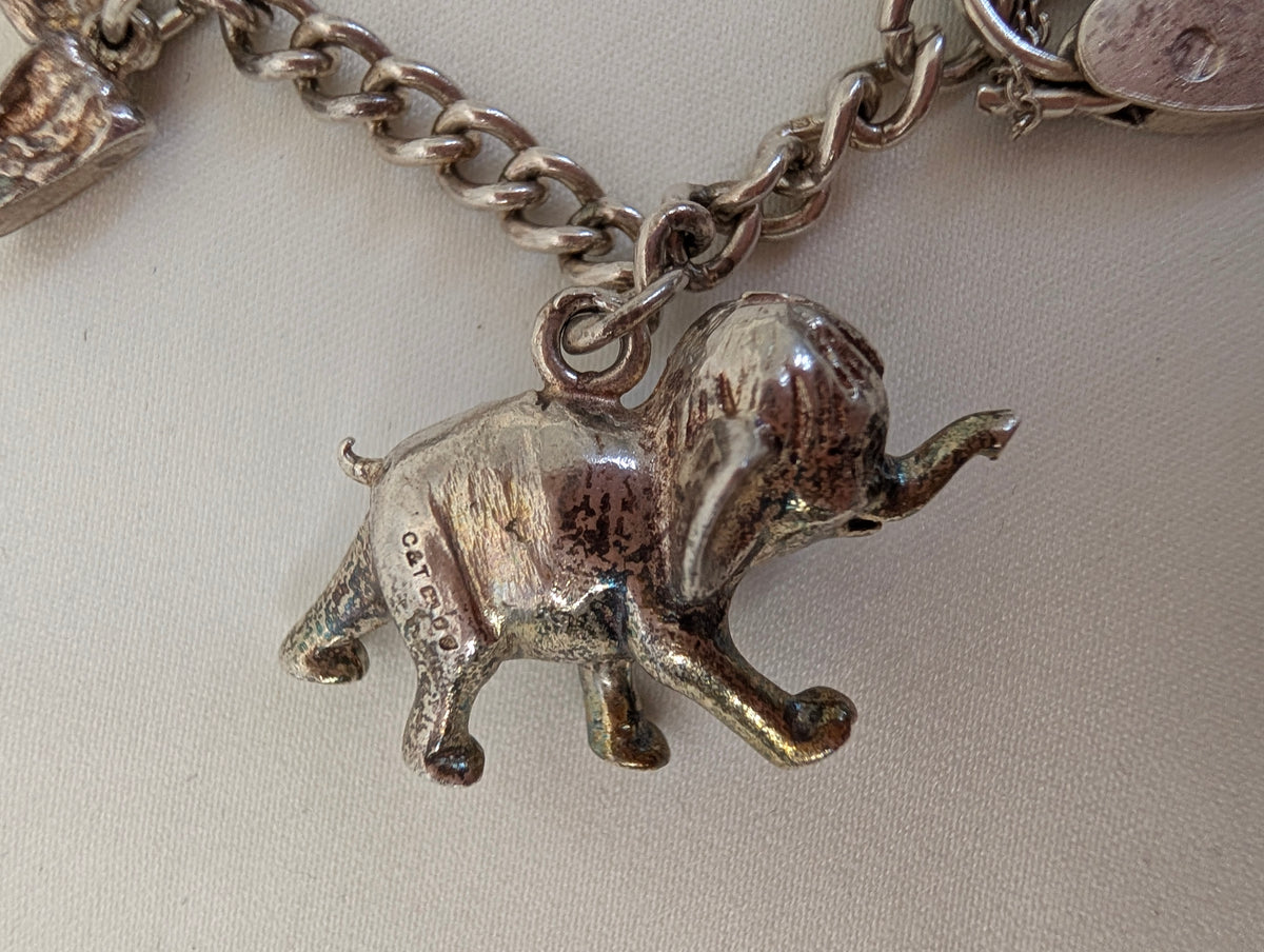 Vintage Sterling Silver Charm Bracelet Heart Padlock Clasp, 5 Silver Charms Elephant Rocking Chair Abacus Spinning Wheel Clogs, 925 Curb Link