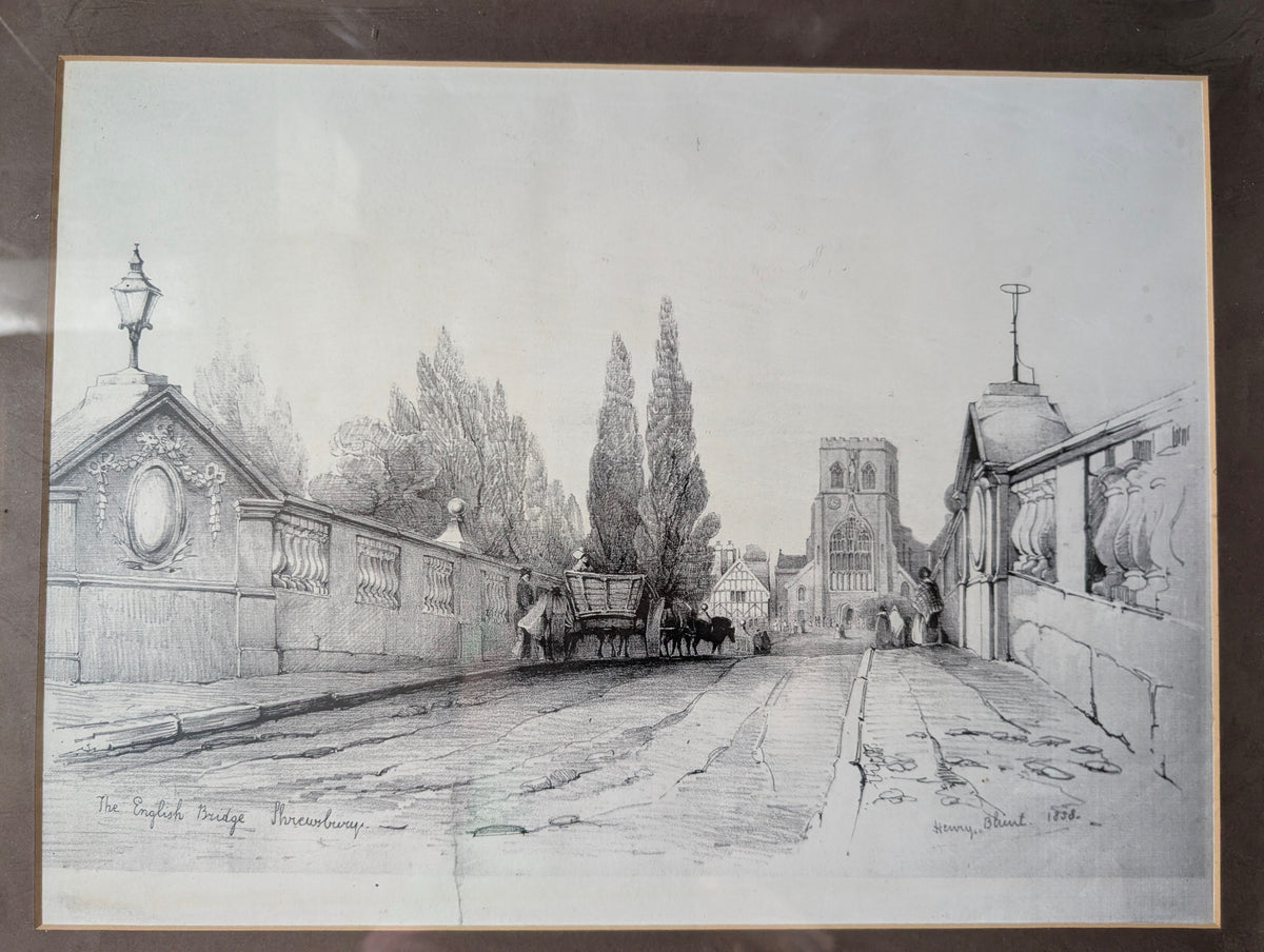 1838 Henry Blunt Architectural Lithograph 'The English Bridge, Shrewsbury' – Framed Early Victorian Townscape in Gilt Wood Frame
