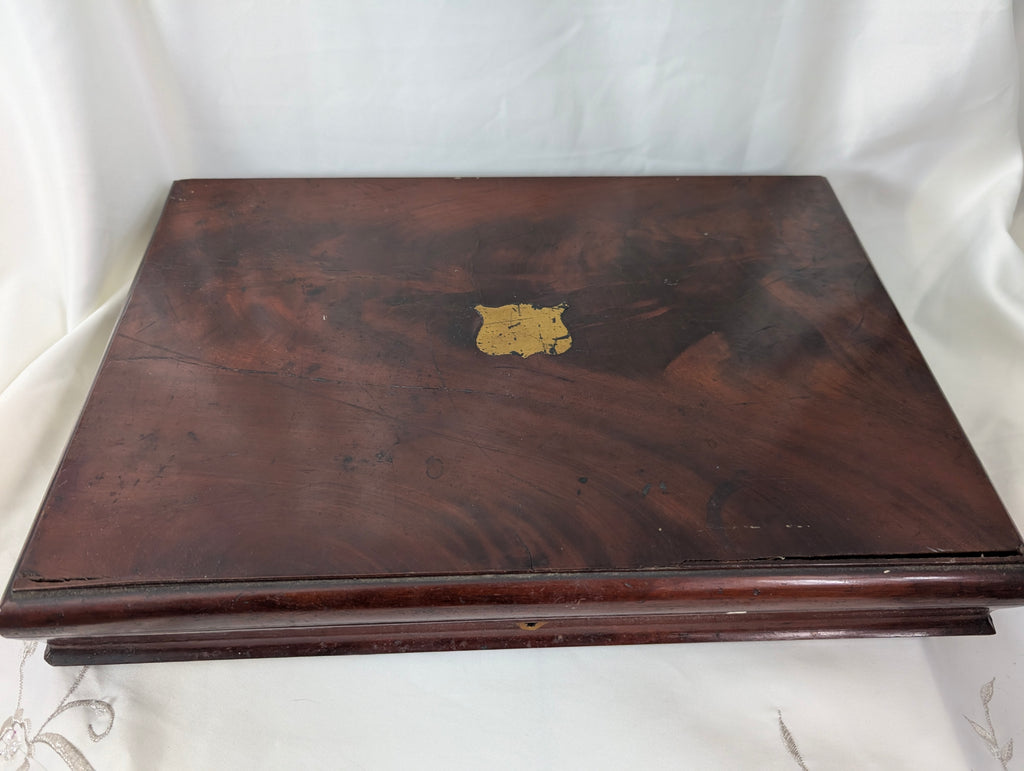 Antique Victorian Mahogany Cutlery Canteen Box – Brass Inlaid Shield Keepsake Trunk / Hanging Jewellery Display & Upcycle Project