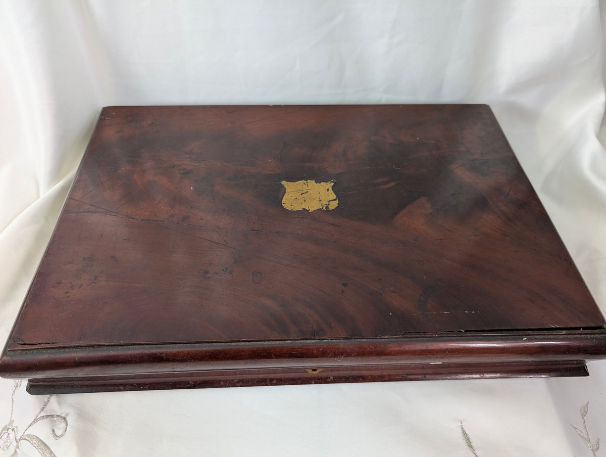 Antique Victorian Mahogany Cutlery Canteen Box – Brass Inlaid Shield Keepsake Trunk / Hanging Jewellery Display & Upcycle Project