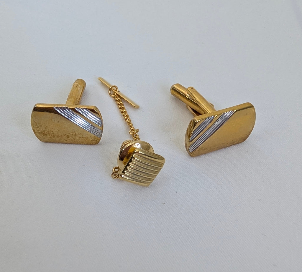 Vintage Two-Tone Gold & Silver Diagonal Stripe Cufflinks and Tie Tac Set – Classic Mid-Century Menswear Set in Gift Box