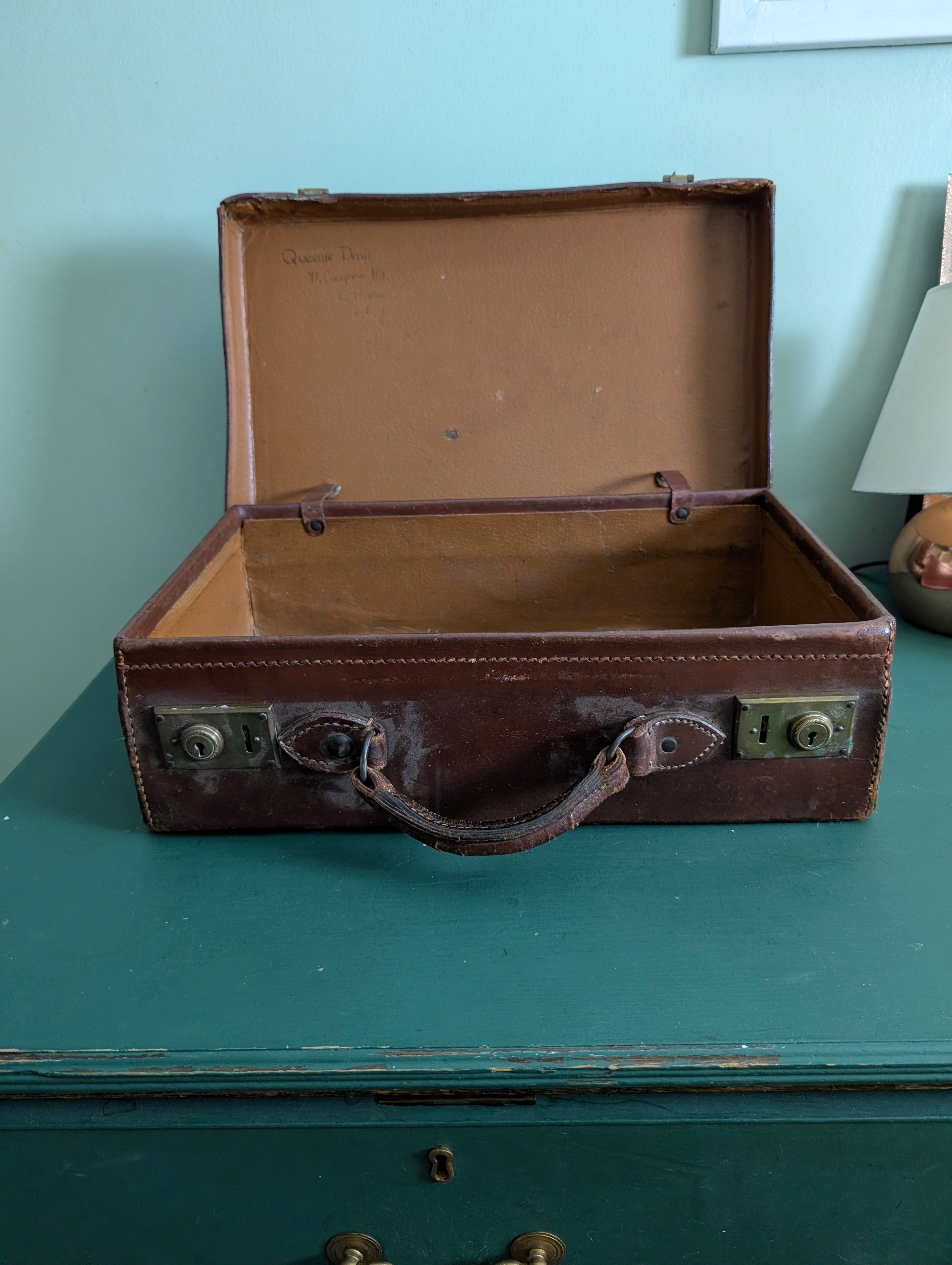 Antique Leather Suitcase 1920s Small Overnight Case, Initialled Queenie Dear Eltham London, Vintage Prop Luggage