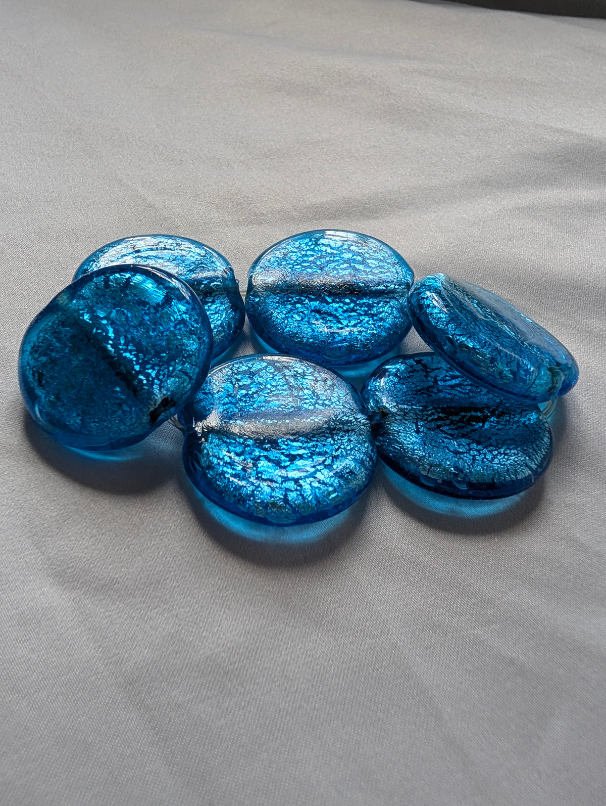 Vintage Murano Style Art Glass Foil Bead Stretch Bracelet, Cobalt Aqua Blue Glass Disc Bracelet, Chunky Statement Jewellery