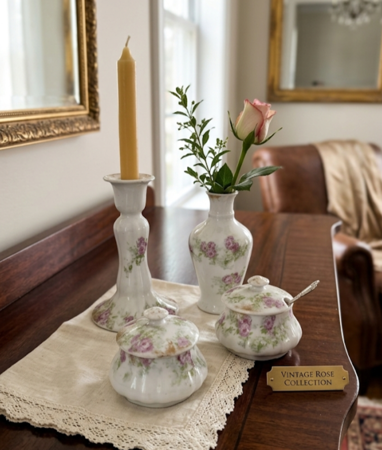 Antique Limoges Porcelain Vanity Set 4 Piece, French W.G. & Co Floral Vanity Bundle, Candlestick Bud Vase Lidded Trinket Pots