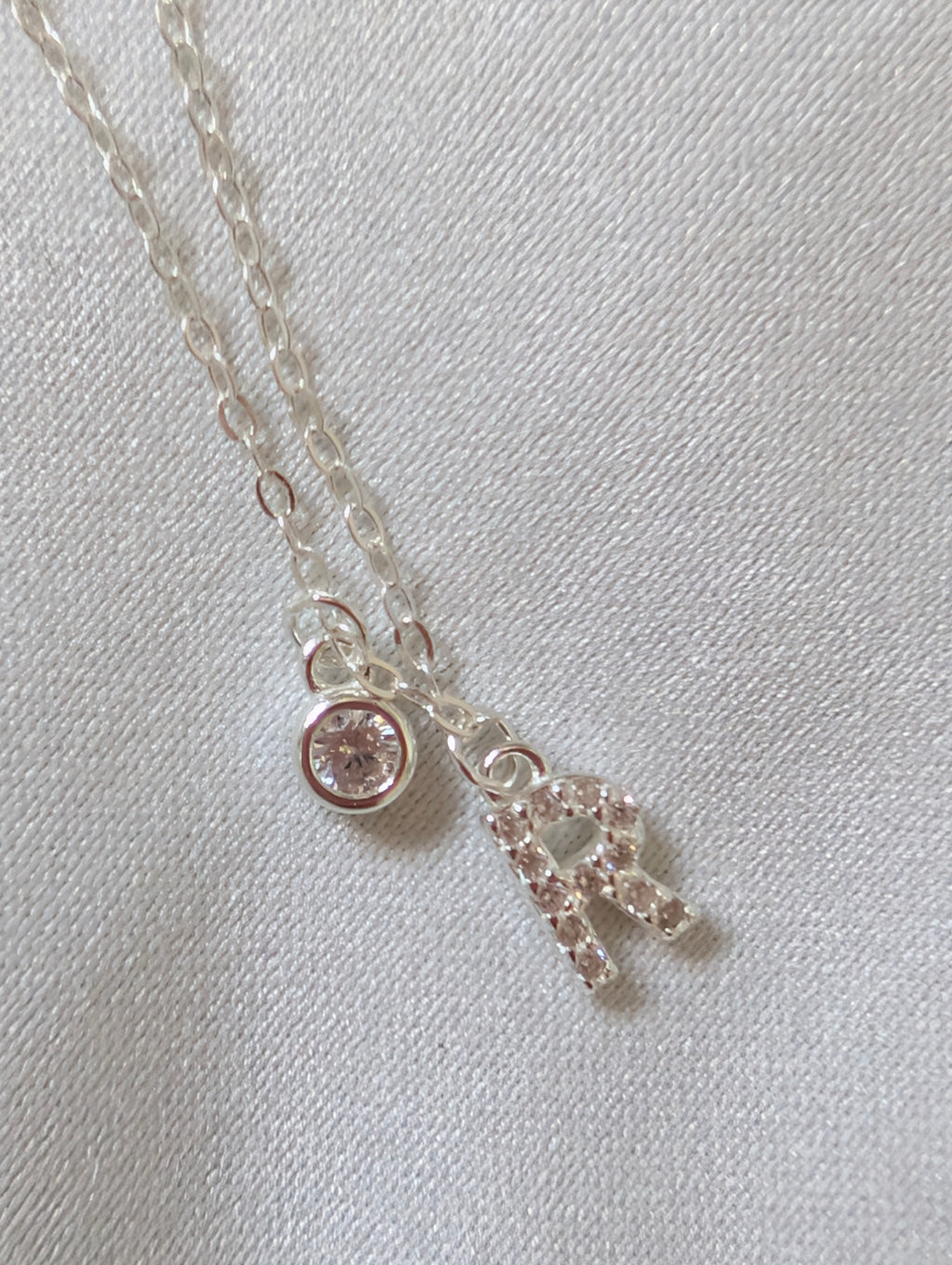 Sterling Silver 925 Initial 'R' & Solitaire Crystal Charm Necklace – Dainty Pavé Letter Pendant with Adjustable Extender