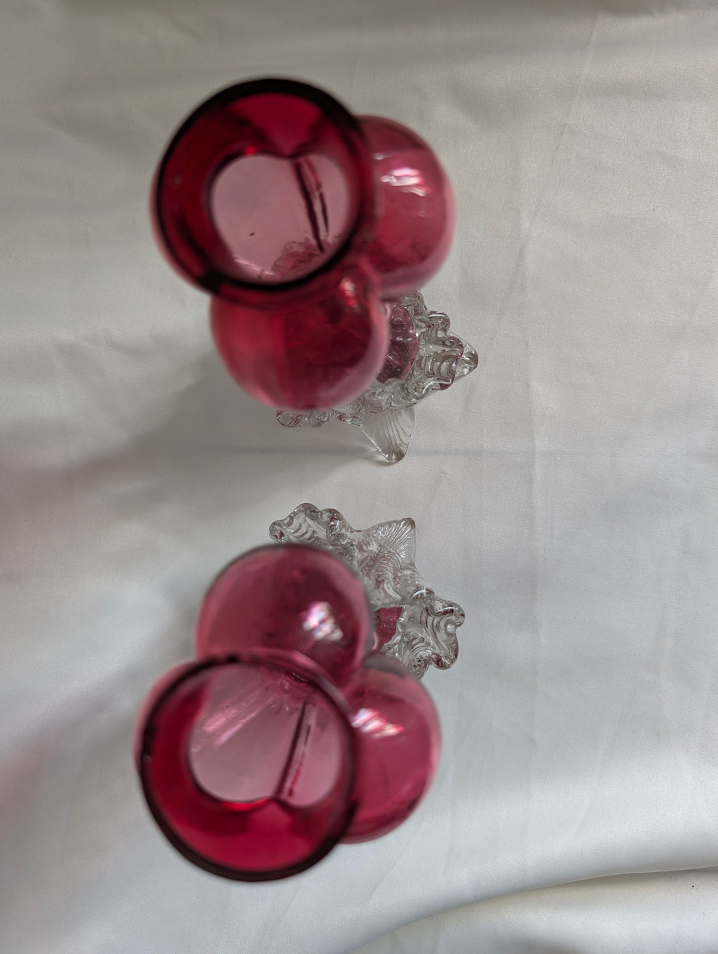 Pair of Antique Victorian Cranberry Glass Vases, c1900 Edwardian Hand Blown Art Glass Bud Vases, Clear Applied Rigaree Footed Decor