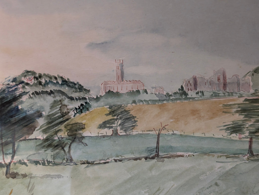Vintage Original Landscape Watercolour Painting, Framed English Countryside Abbey Ruins Wall Art, 36cm x 30cm