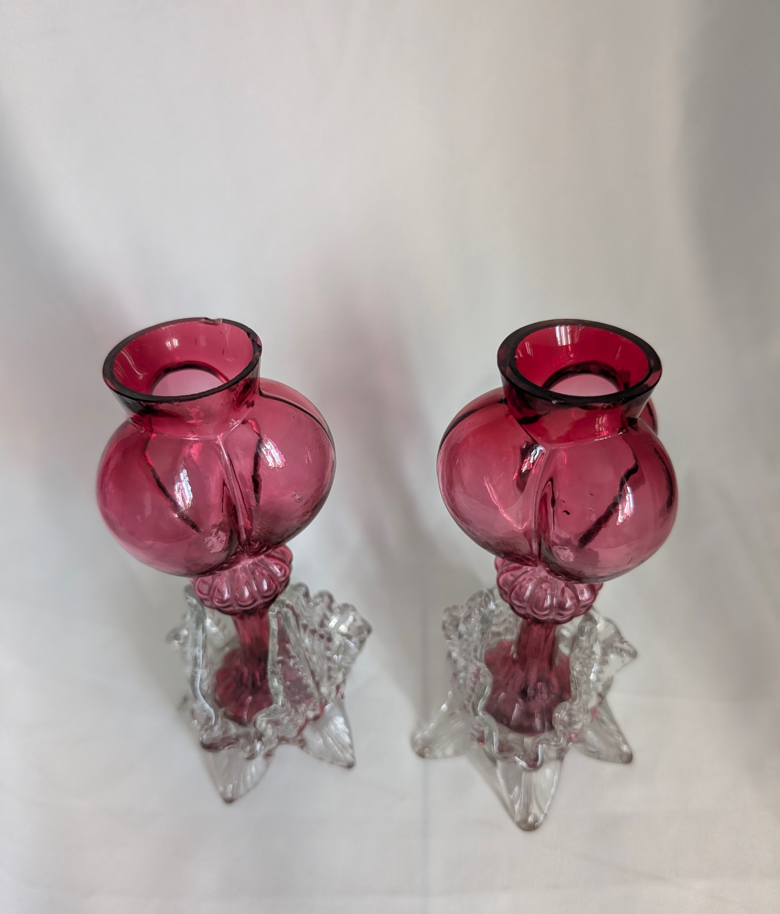 Pair of Antique Victorian Cranberry Glass Vases, c1900 Edwardian Hand Blown Art Glass Bud Vases, Clear Applied Rigaree Footed Decor