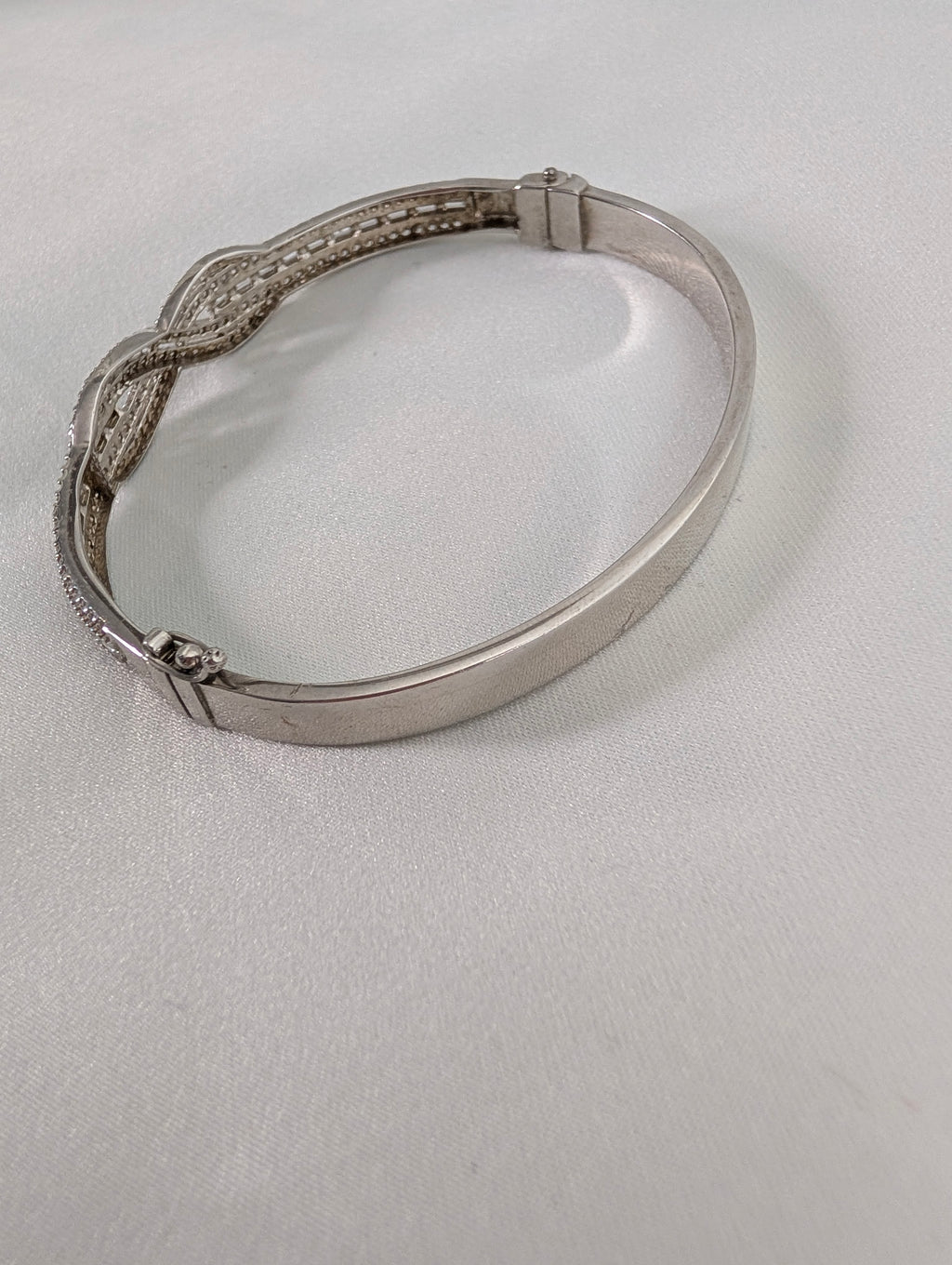 Vintage 925 Sterling Silver Bangle Bracelet, Sparkling Pave CZ Crossover Hinged Bangle, Bridal Evening Cuff,