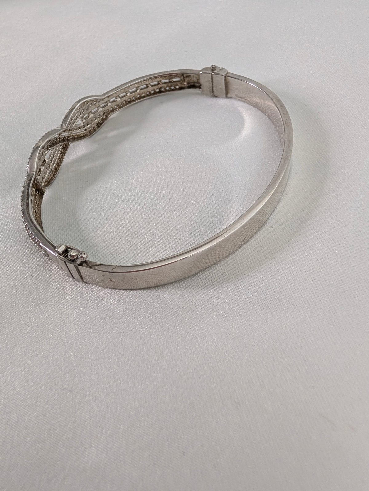 Vintage 925 Sterling Silver Bangle Bracelet, Sparkling Pave CZ Crossover Hinged Bangle, Bridal Evening Cuff,