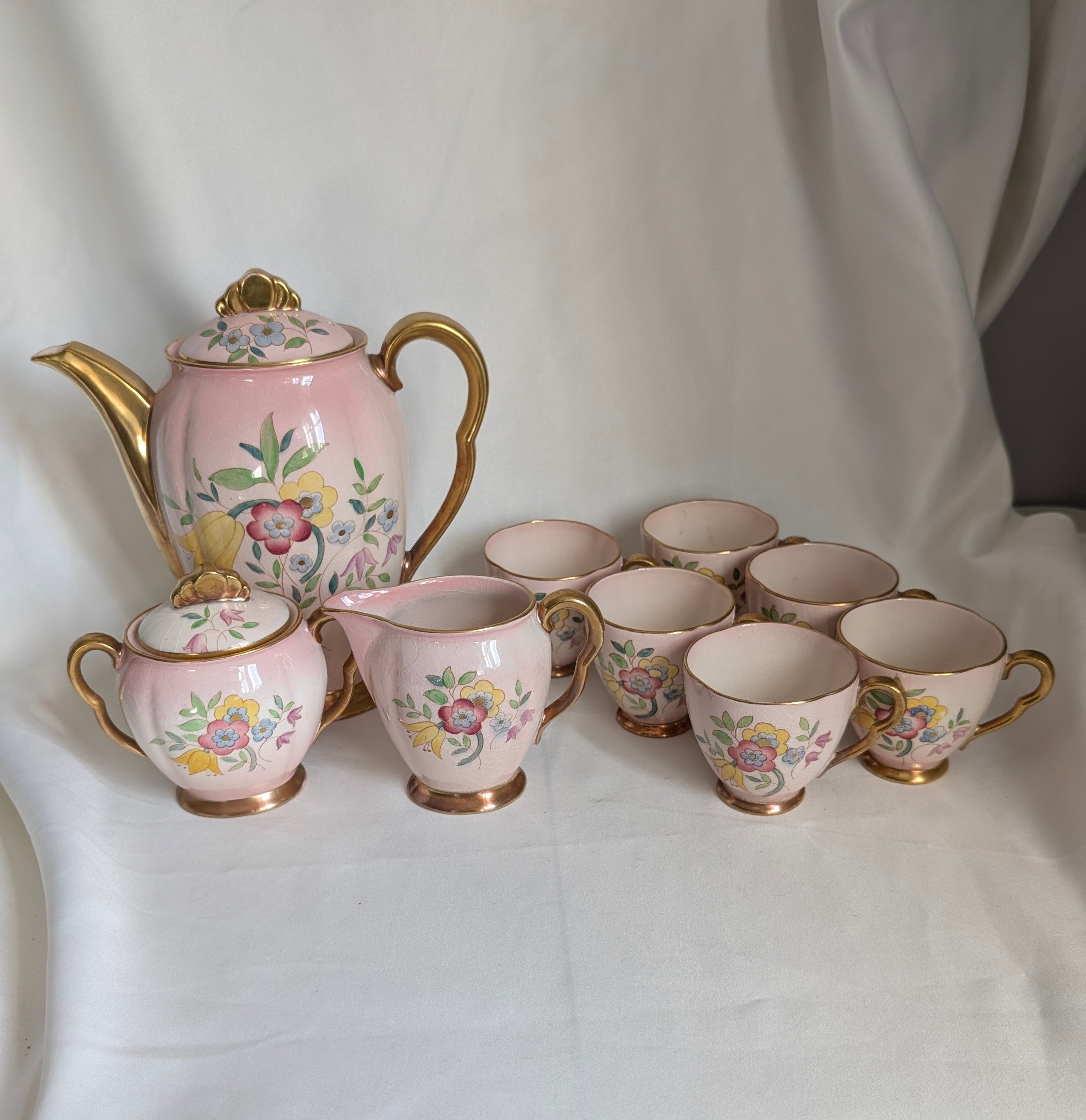Vintage Pink Luster Coffee Set, Hand Painted Floral Teapot Milk Jug Sugar Bowl & 6 Demitasse Cups, Cottagecore Afternoon Tea Set 1930s 1940s