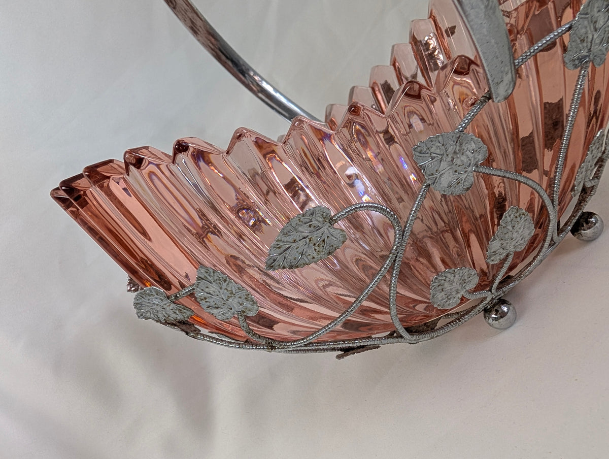 Vintage Pink Glass Basket Bowl with Chrome Handle, Art Deco Ribbed Centerpiece Dish, Wirework Vine Filigree Fruit Bonbon Dish 1930s Decor