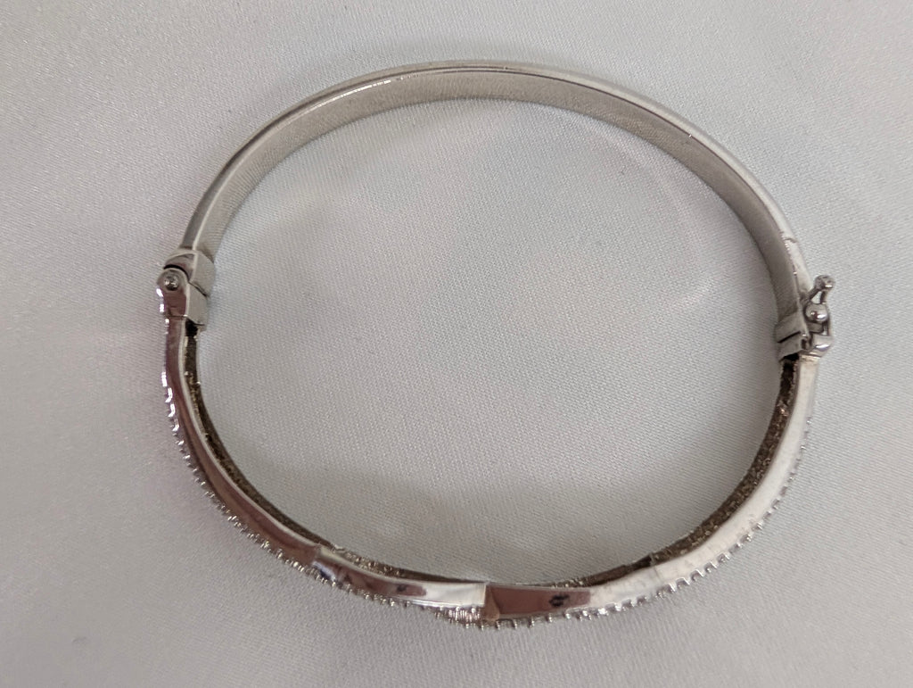 Vintage 925 Sterling Silver Bangle Bracelet, Sparkling Pave CZ Crossover Hinged Bangle, Bridal Evening Cuff,