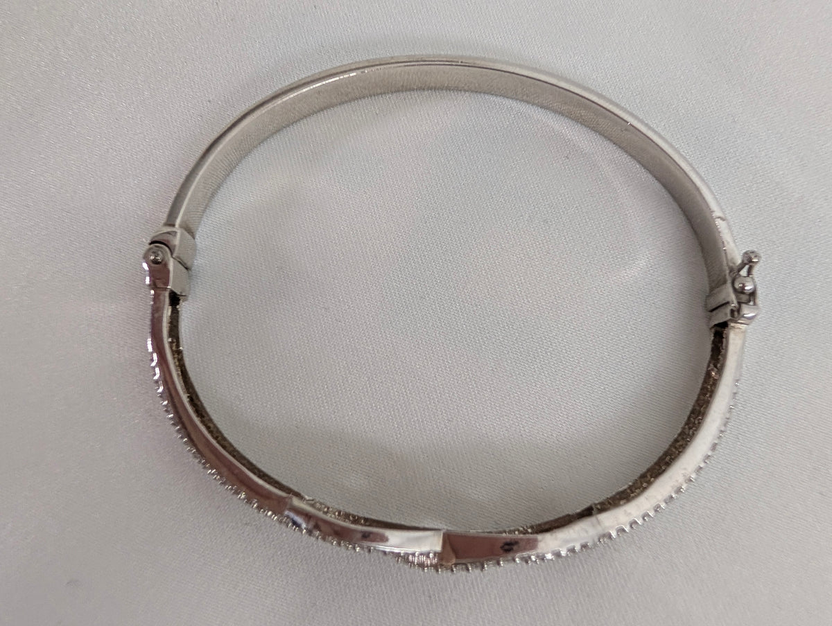 Vintage 925 Sterling Silver Bangle Bracelet, Sparkling Pave CZ Crossover Hinged Bangle, Bridal Evening Cuff,