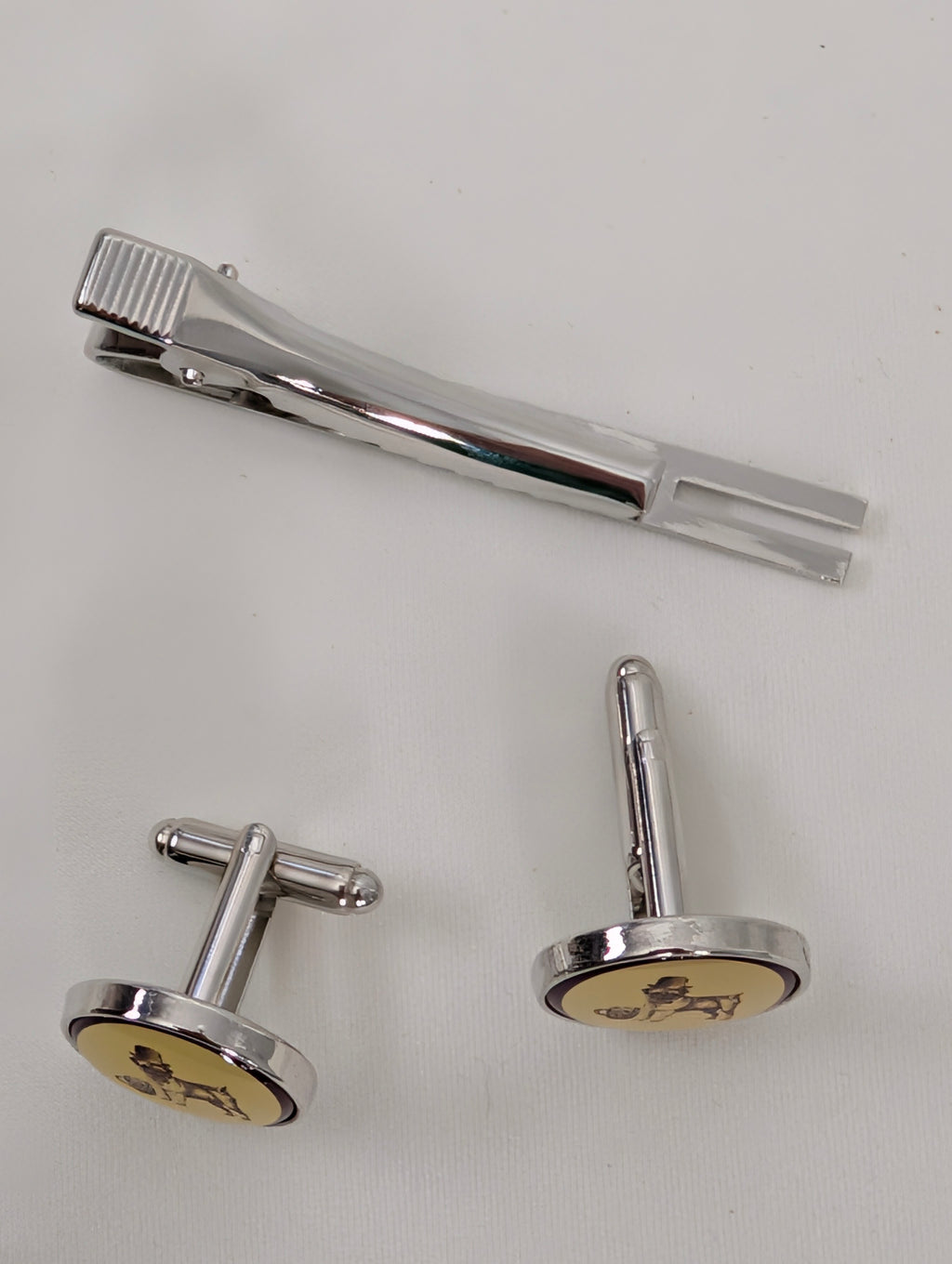 Vintage Style Bulldog Cufflinks and Tie Clip Set, Novelty Mens Dog Cufflinks Tie Bar Gift Boxed, Silver Tone Groom Groomsmen Wedding