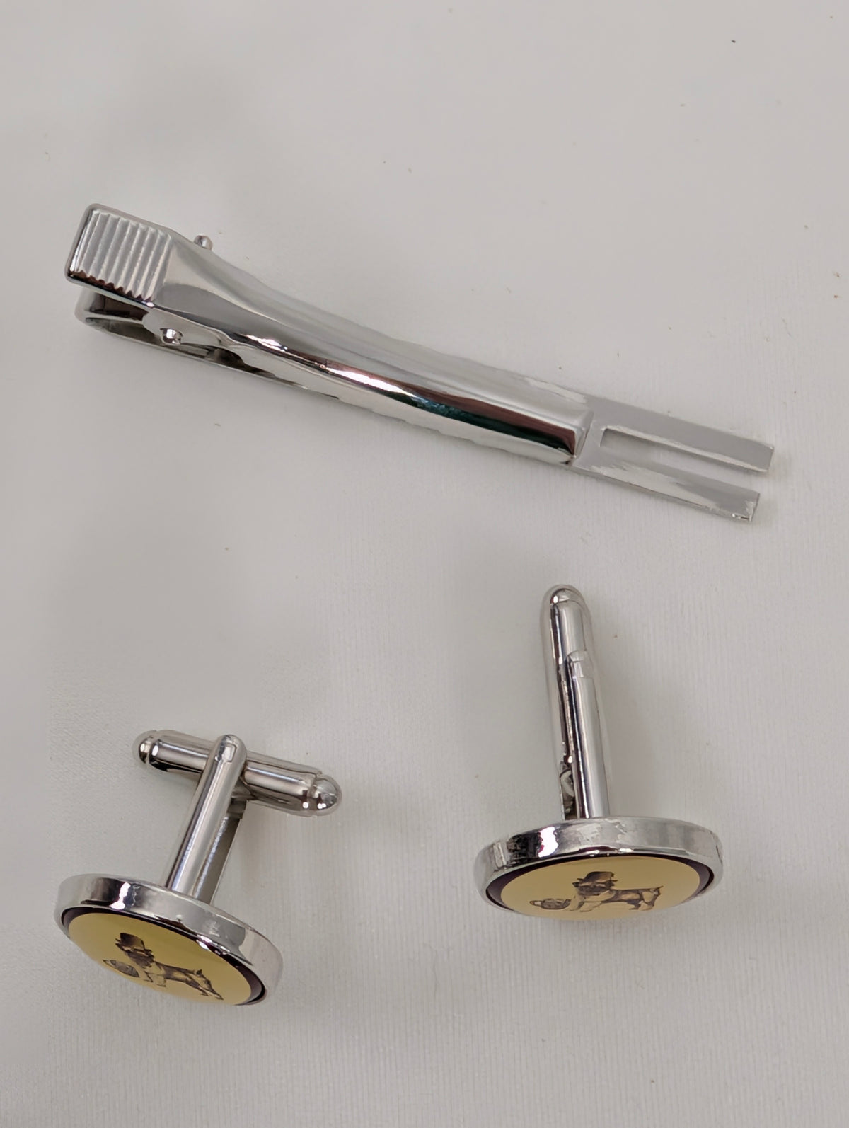 Vintage Style Bulldog Cufflinks and Tie Clip Set, Novelty Mens Dog Cufflinks Tie Bar Gift Boxed, Silver Tone Groom Groomsmen Wedding
