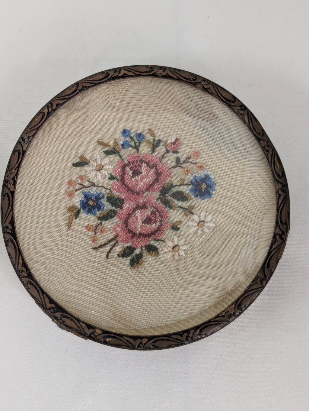 Vintage Embroidered Petit Point Dressing Table Tray, Gilt Ormolu Footed Vanity Trinket Dish, Glass Floral Coaster