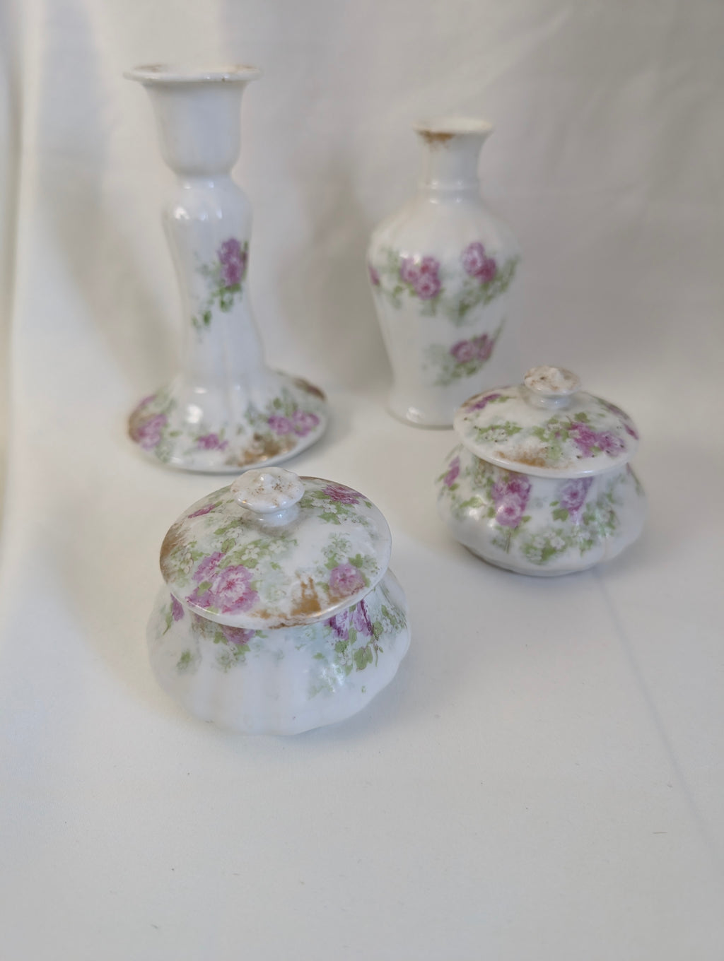 Antique Limoges Porcelain Vanity Set 4 Piece, French W.G. & Co Floral Vanity Bundle, Candlestick Bud Vase Lidded Trinket Pots