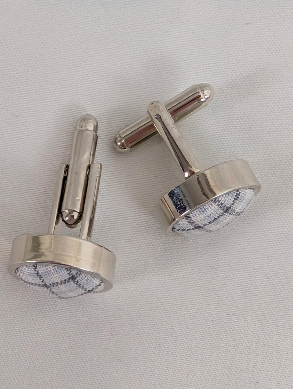 Grey Tartan Fabric Cufflinks, Round Silver Plated Check Suit Cuff Links, Scottish Plaid Wedding Groom Accessories, Classic Menswear Gift
