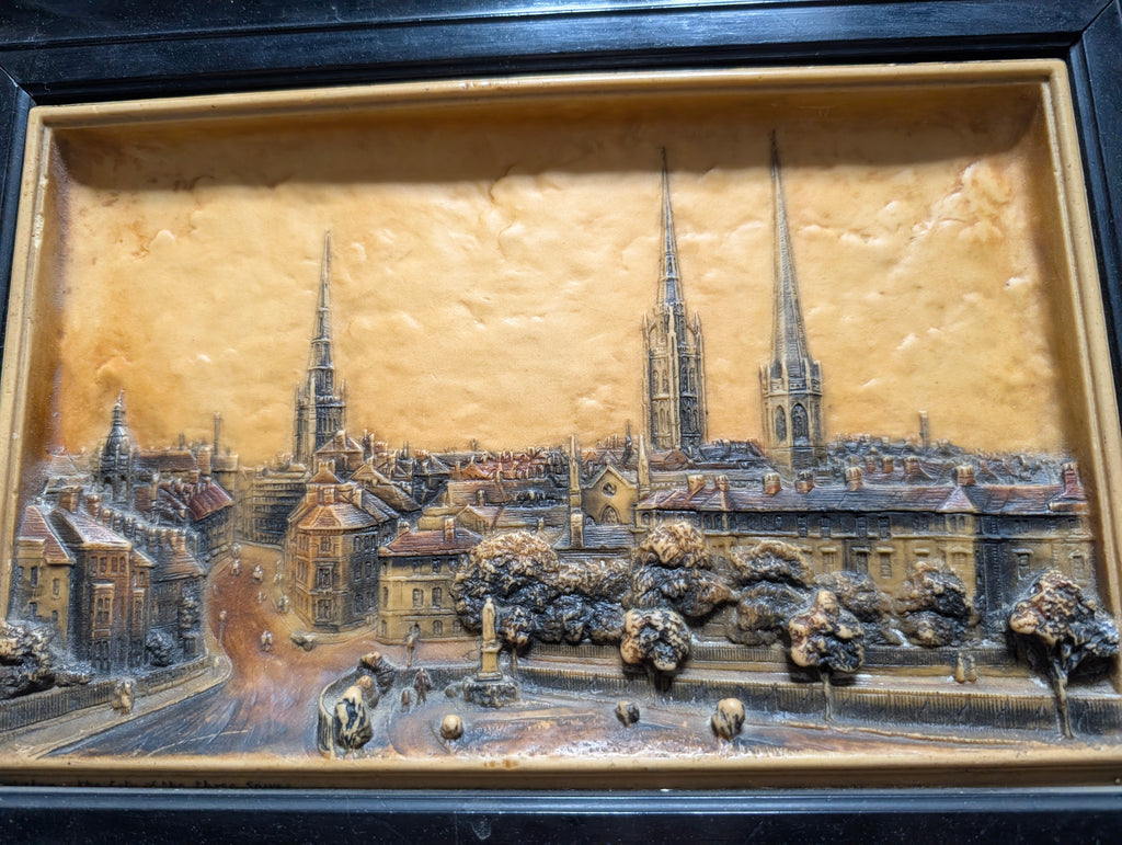 Vintage 3D Relief Plaque 'Coventry: The City of the Three Spires' – Detailed High-Relief Architectural Townscape in Ebonised Black Frame