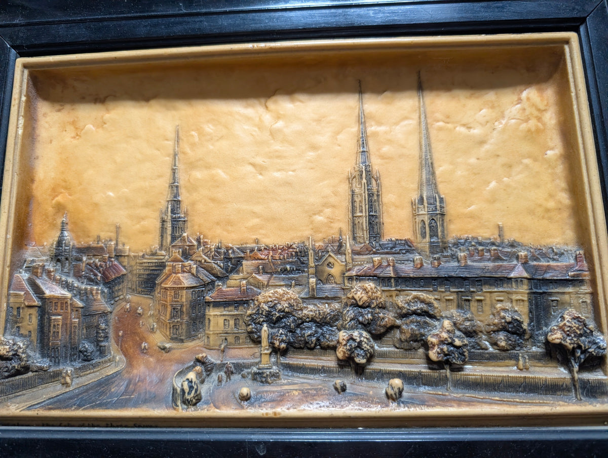 Vintage 3D Relief Plaque 'Coventry: The City of the Three Spires' – Detailed High-Relief Architectural Townscape in Ebonised Black Frame