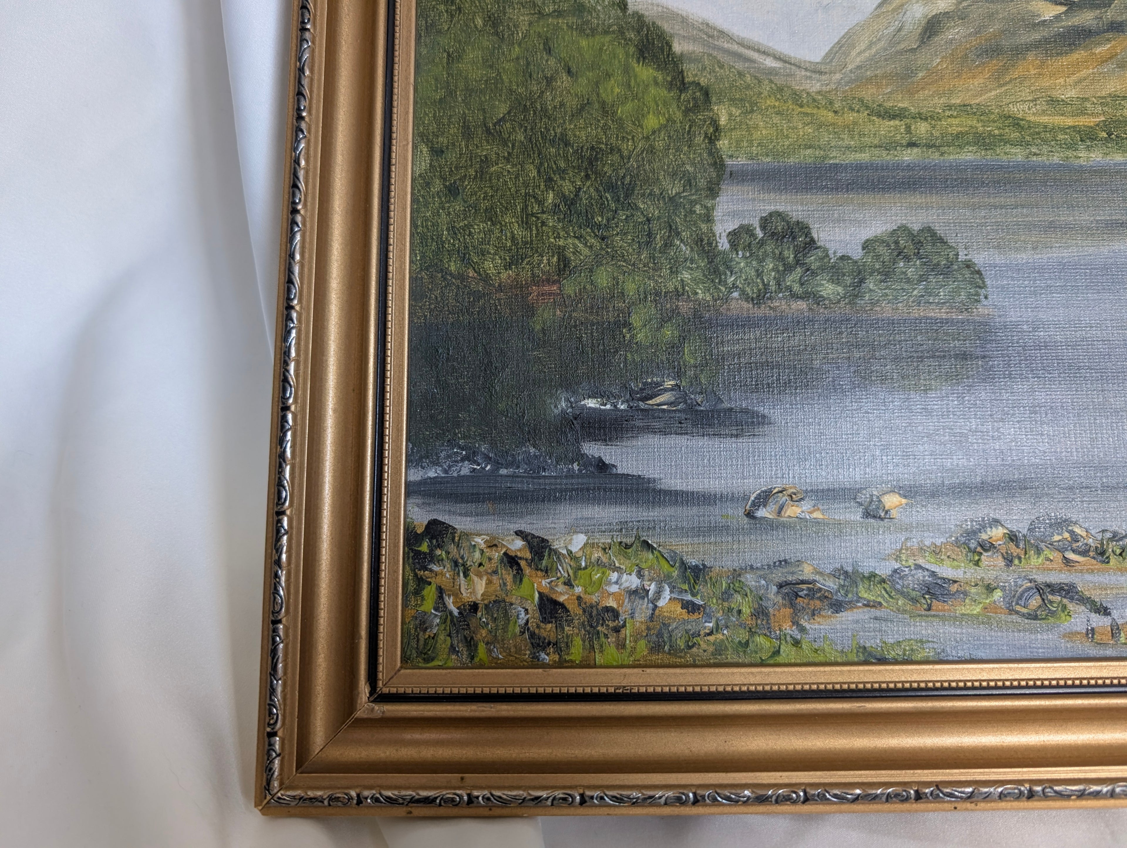 Coniston Water Lake District Original Oil Painting 1982 by Mary Edmondson, Framed Vintage English Country Landscape Wall Art, Cumbria