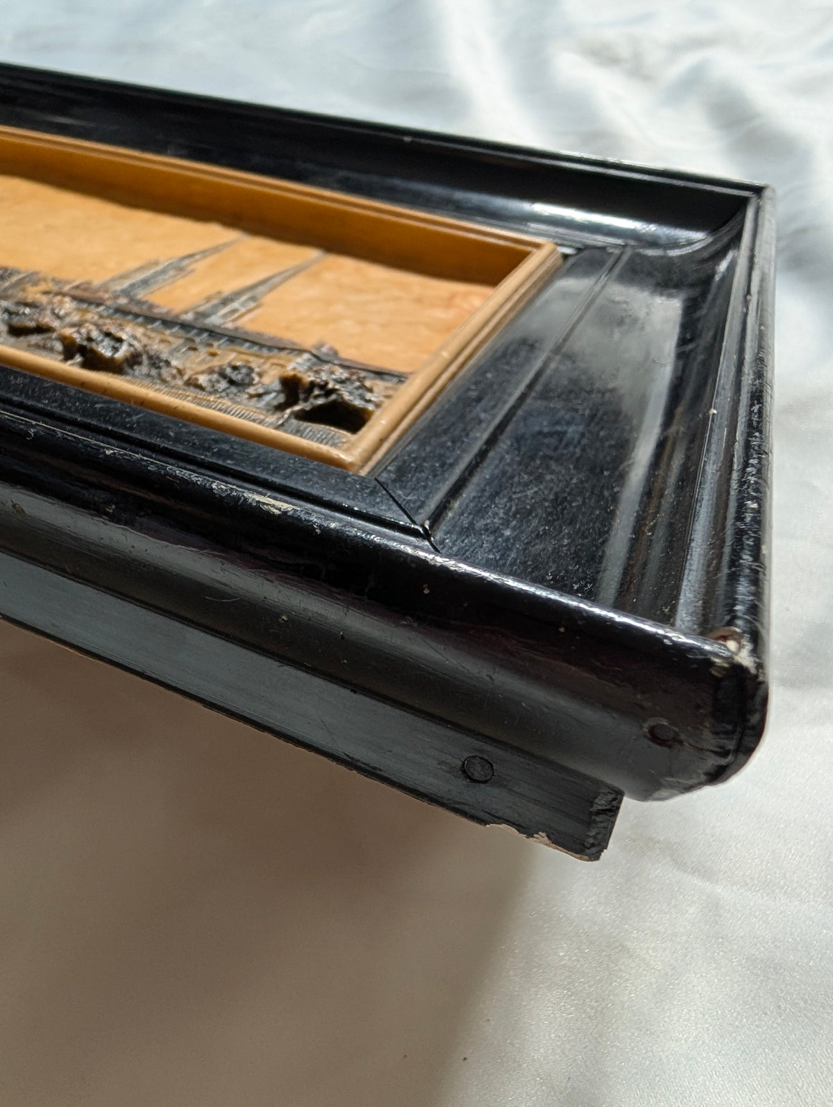 Vintage 3D Relief Plaque 'Coventry: The City of the Three Spires' – Detailed High-Relief Architectural Townscape in Ebonised Black Frame