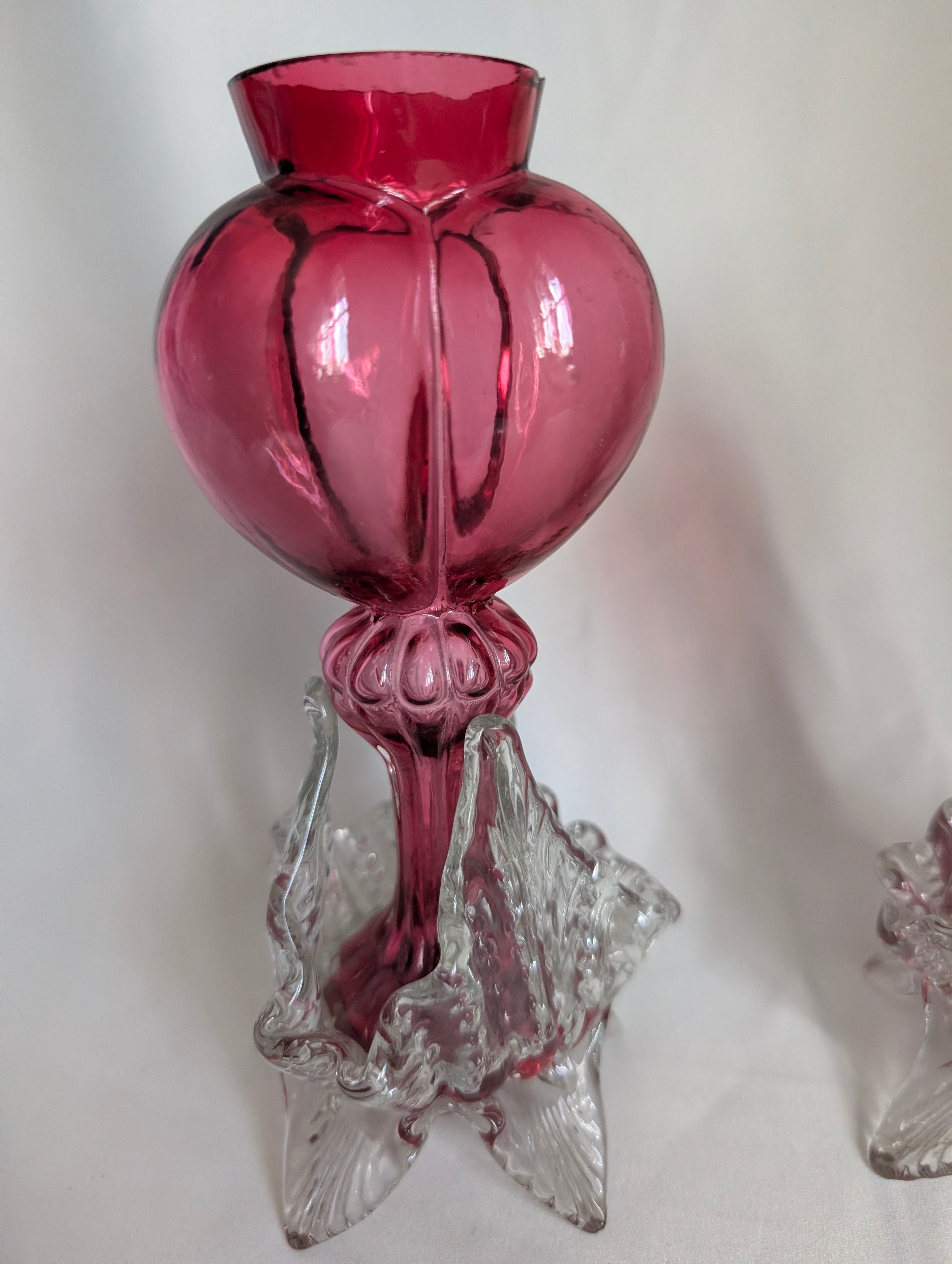 Pair of Antique Victorian Cranberry Glass Vases, c1900 Edwardian Hand Blown Art Glass Bud Vases, Clear Applied Rigaree Footed Decor