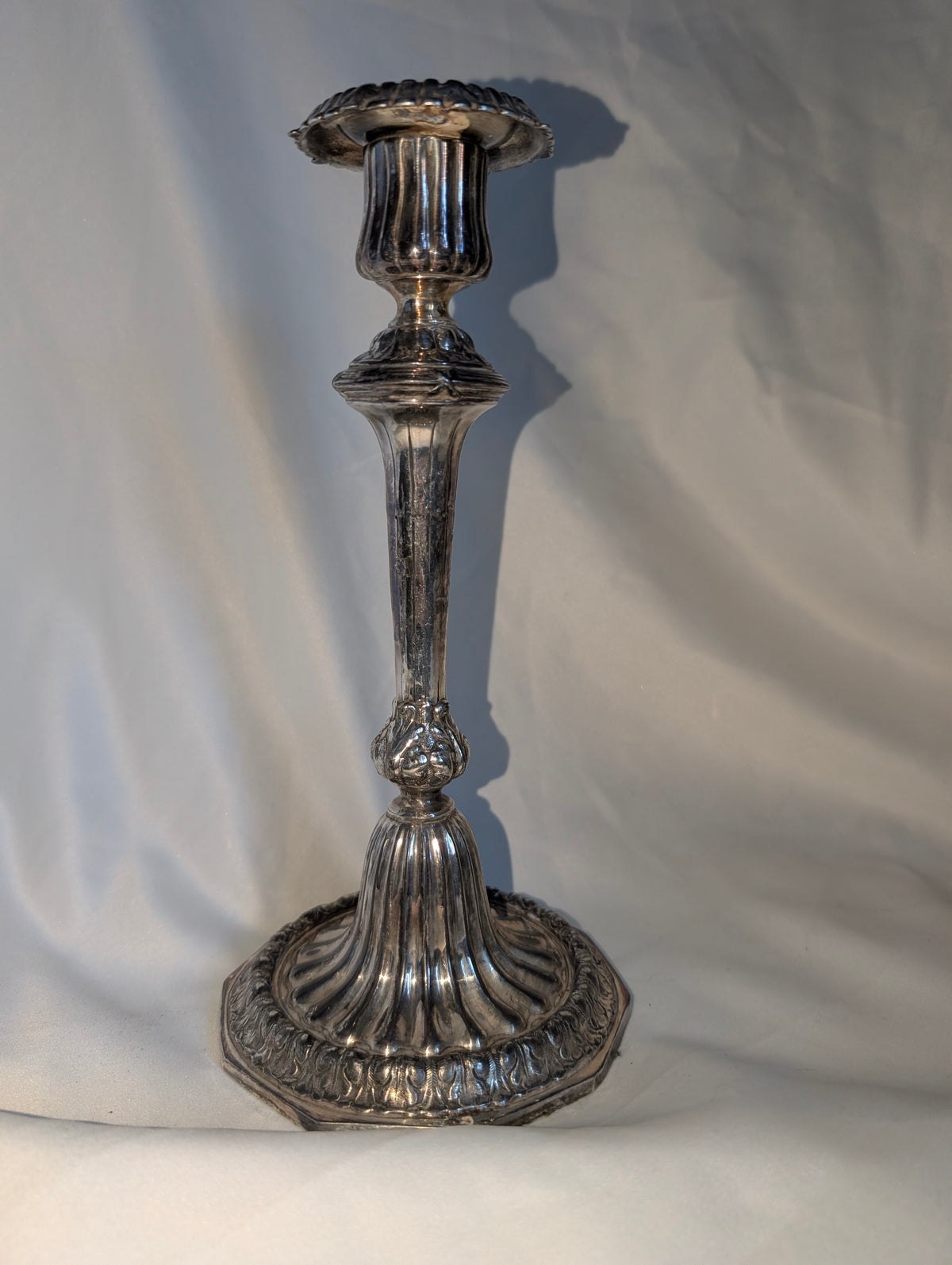 Vintage Silver Plated Candlestick Tall Fluted Candle Holder Ornate Octagonal Base Traditional Table Decor