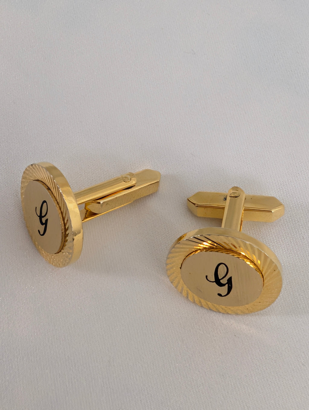 Vintage Gold Tone Initial G Cufflinks, Sunburst Etched Round Monogram Cuff Links, Mid Century Groom Wedding Gift