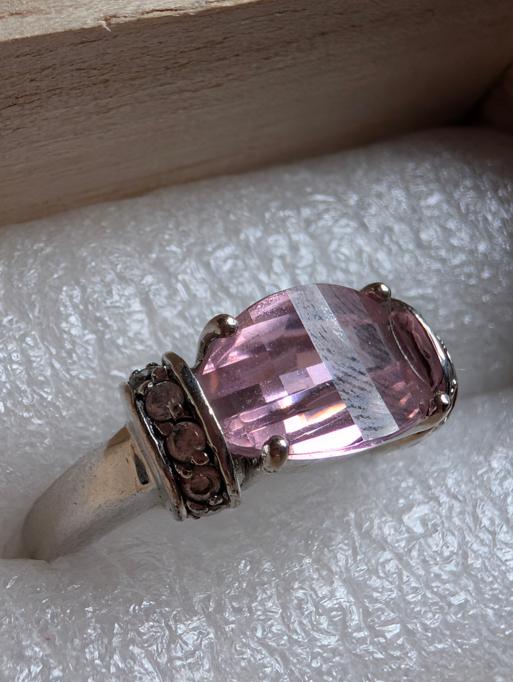 Vintage Pink Topaz Cocktail Ring Sterling Silver 925, Chunky East West Ring Size P 7.5, Y2K Checkerboard Faceted Pastel Solitaire Ring
