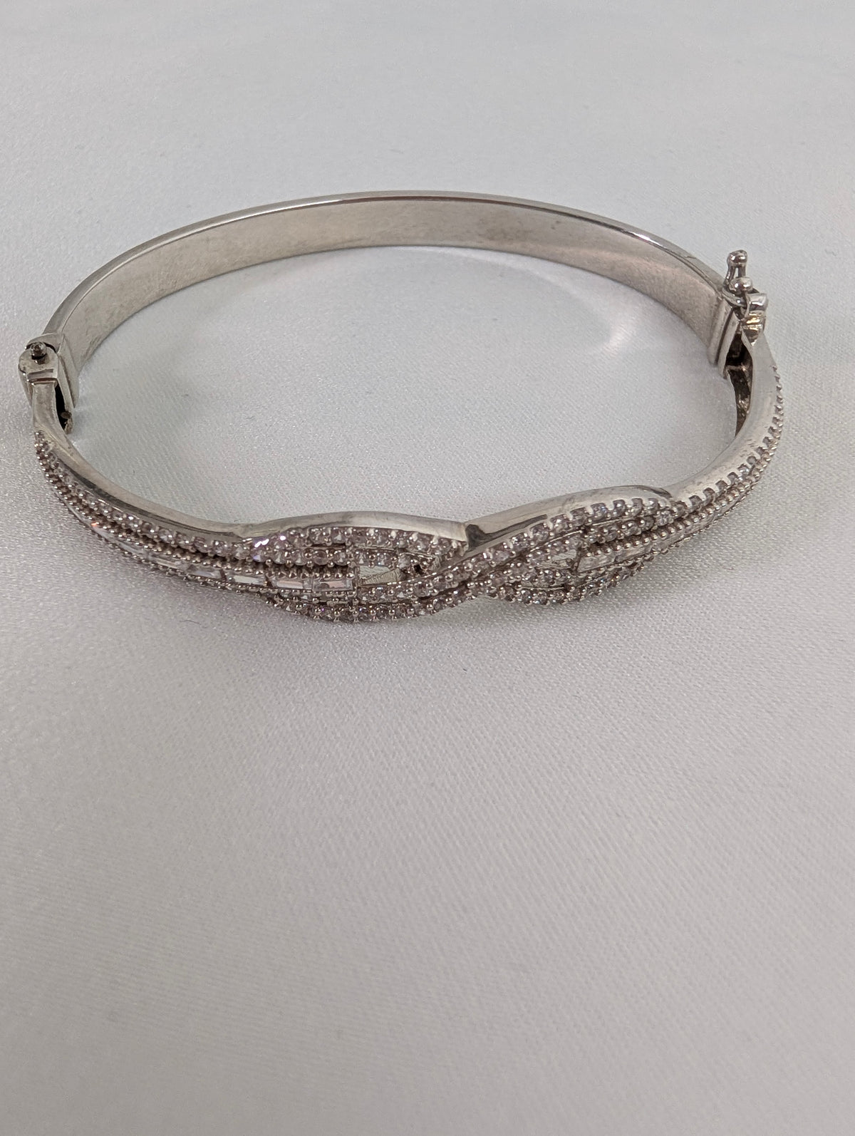 Vintage 925 Sterling Silver Bangle Bracelet, Sparkling Pave CZ Crossover Hinged Bangle, Bridal Evening Cuff,
