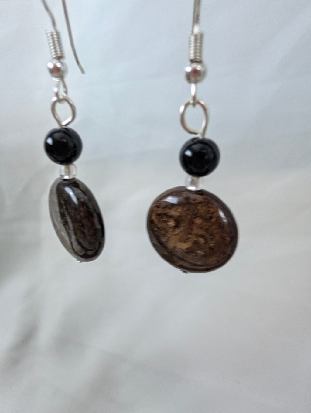 Bronzite and Black Onyx Earrings, Handmade Gemstone Drop Earrings, Natural Earthy Brown Stone Dangle Earrings, Bohemian Gift for Her