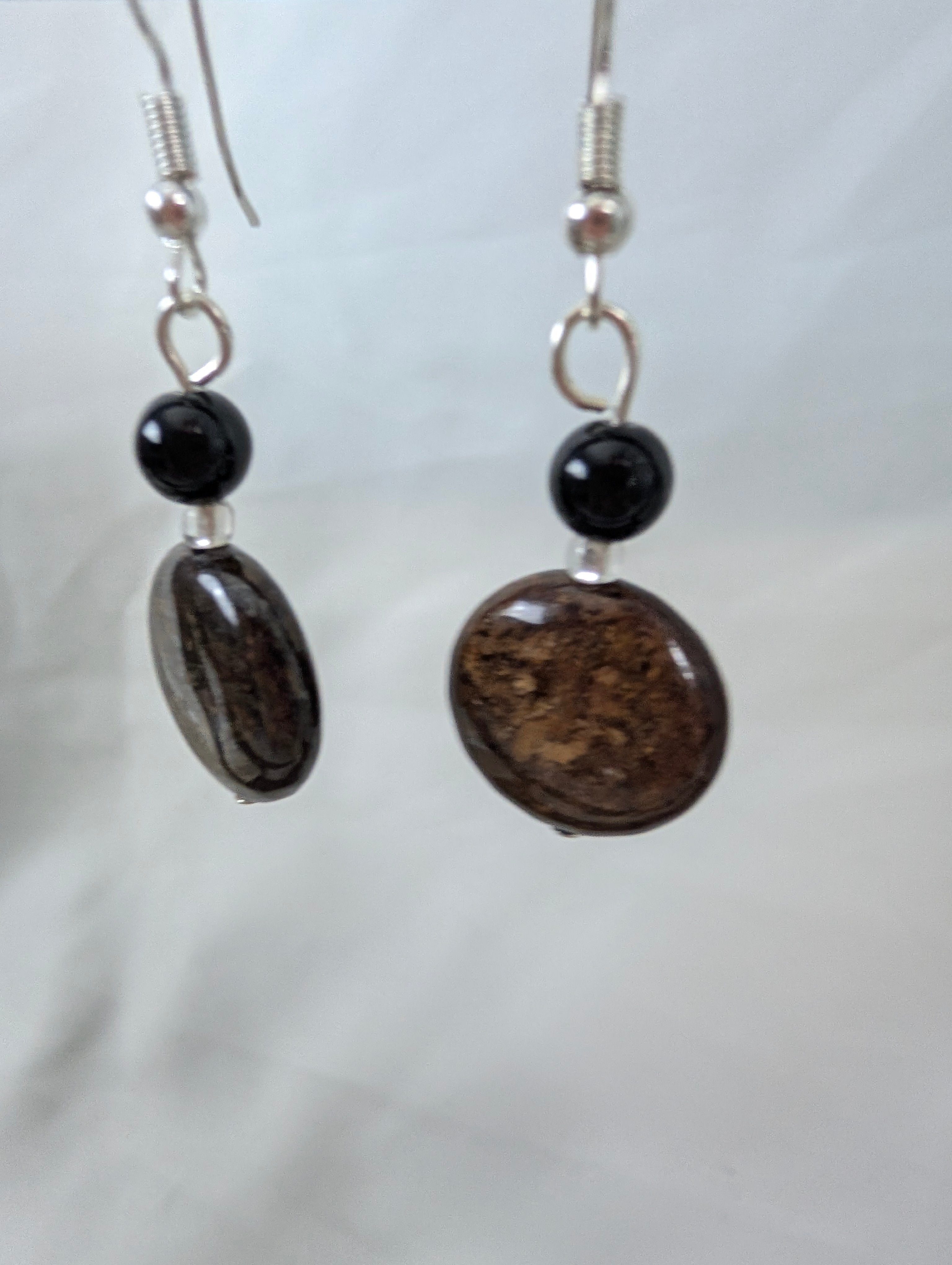 Bronzite and Black Onyx Earrings, Handmade Gemstone Drop Earrings, Natural Earthy Brown Stone Dangle Earrings, Bohemian Gift for Her