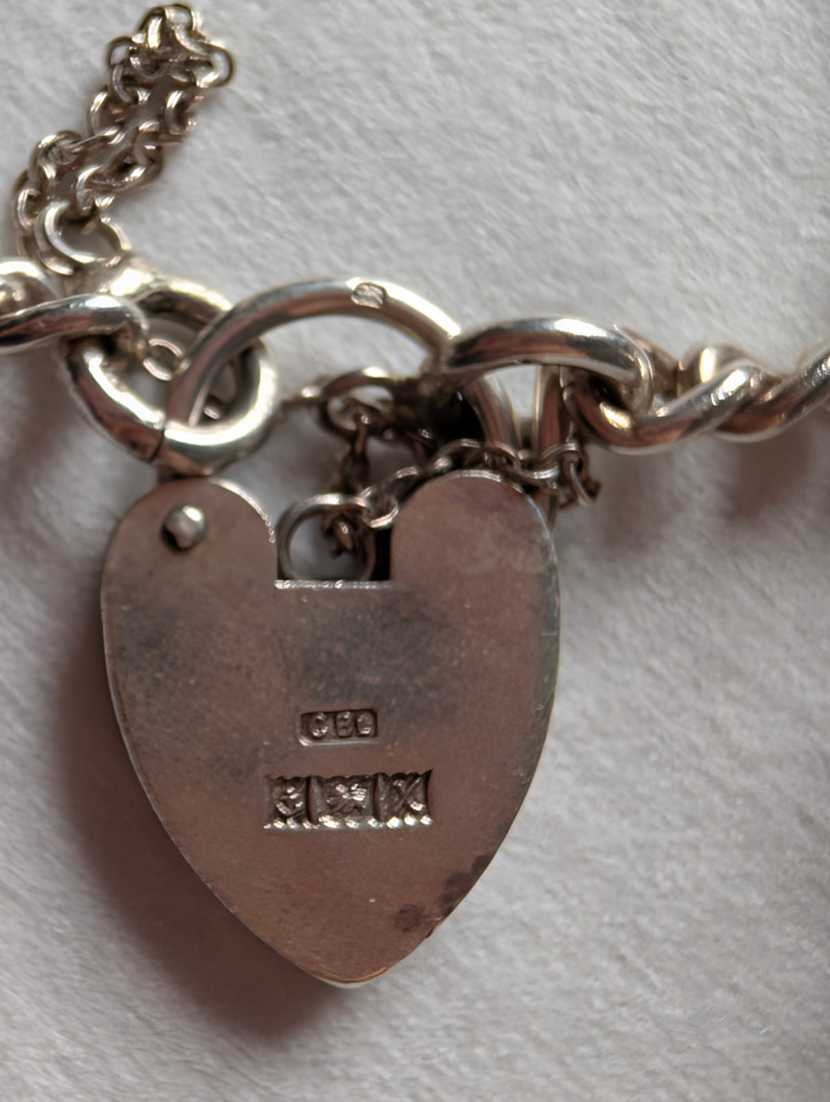 Vintage Sterling Silver Charm Bracelet Heart Padlock Clasp, 5 Silver Charms Elephant Rocking Chair Abacus Spinning Wheel Clogs, 925 Curb
