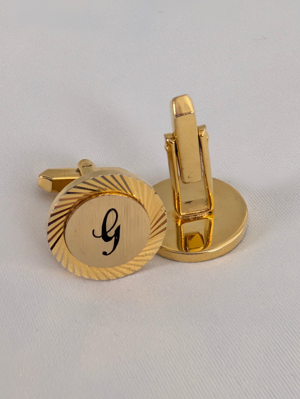 Vintage Gold Tone Initial G Cufflinks, Sunburst Etched Round Monogram Cuff Links, Mid Century Groom Wedding Gift