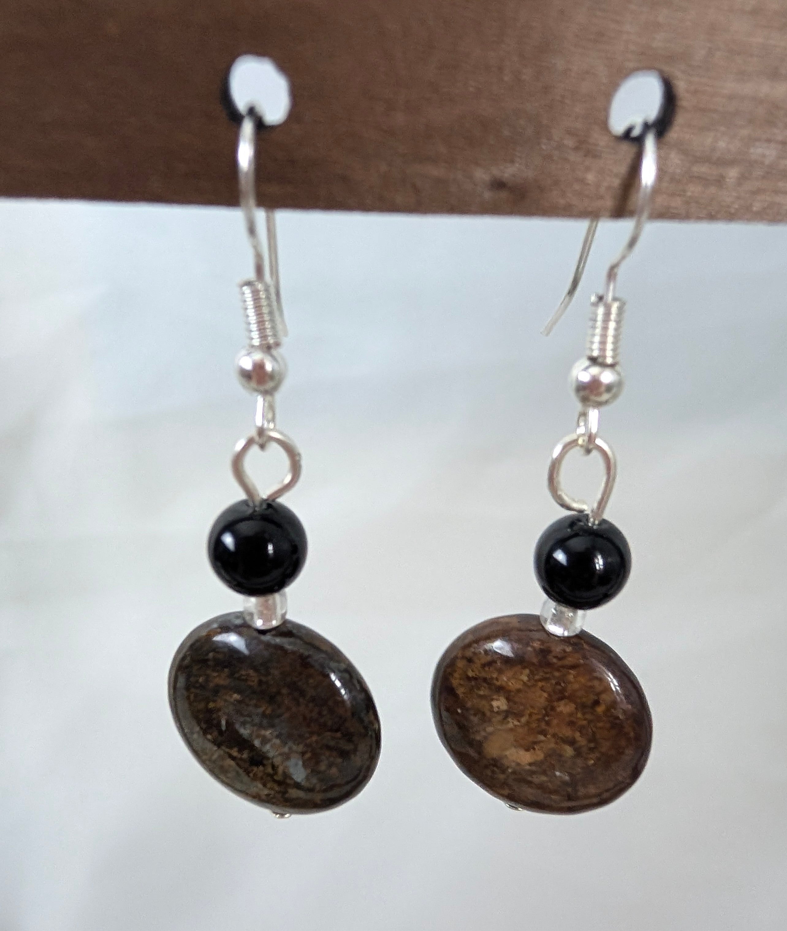 Bronzite and Black Onyx Earrings, Handmade Gemstone Drop Earrings, Natural Earthy Brown Stone Dangle Earrings, Bohemian Gift for Her
